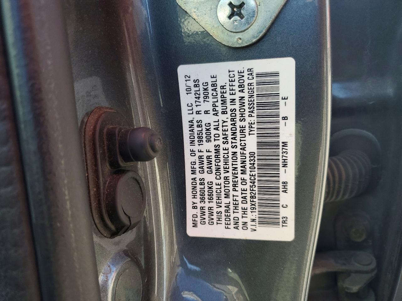 2012 Honda Civic Lx Gray vin: 19XFB2F54CE104330