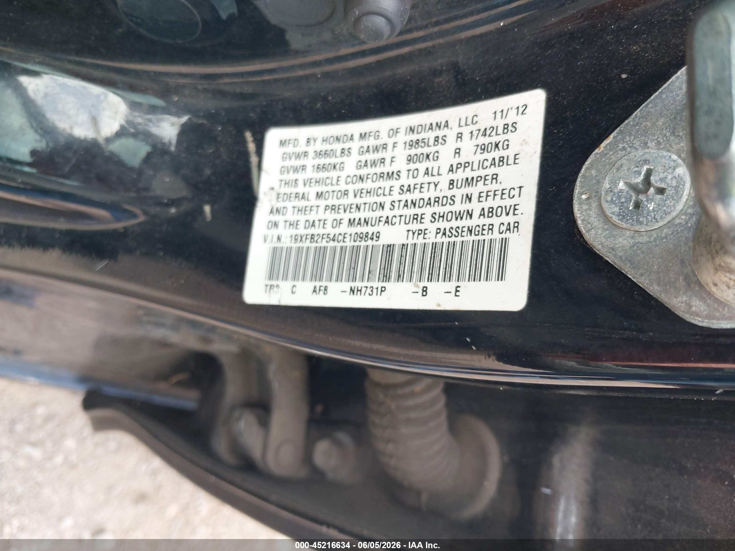 2012 Honda Civic Lx Black vin: 19XFB2F54CE109849