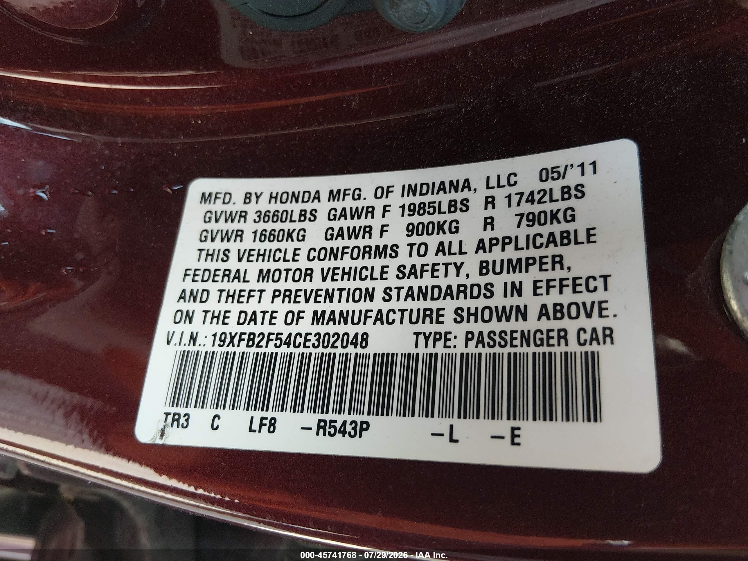 2012 Honda Civic Lx Maroon vin: 19XFB2F54CE302048