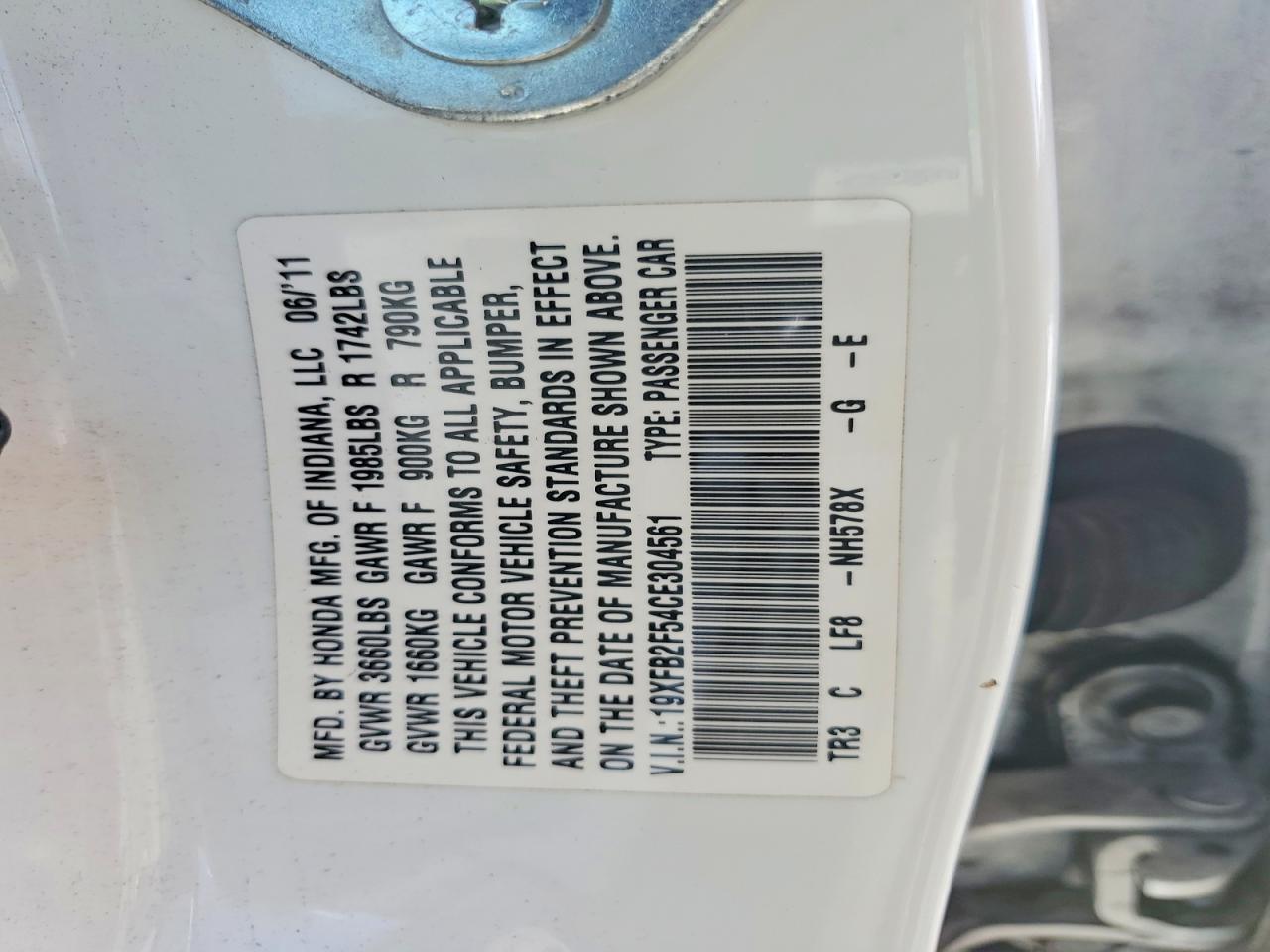 2012 Honda Civic Lx White vin: 19XFB2F54CE304561