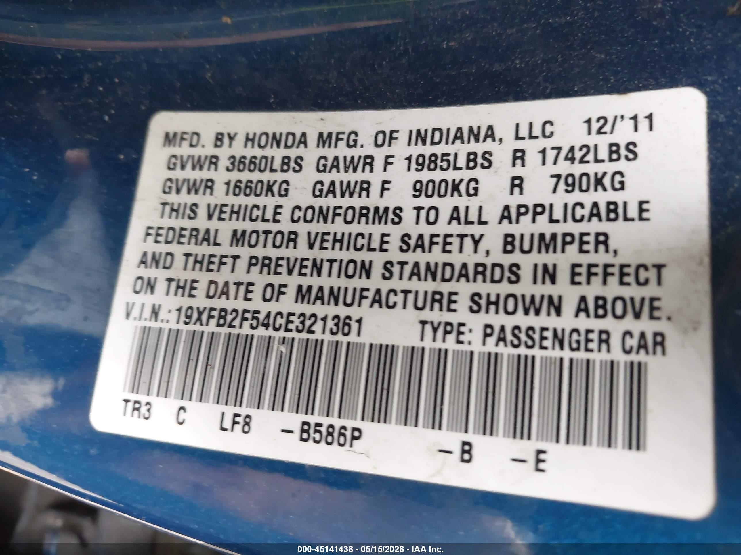 2012 Honda Civic Lx Blue vin: 19XFB2F54CE321361