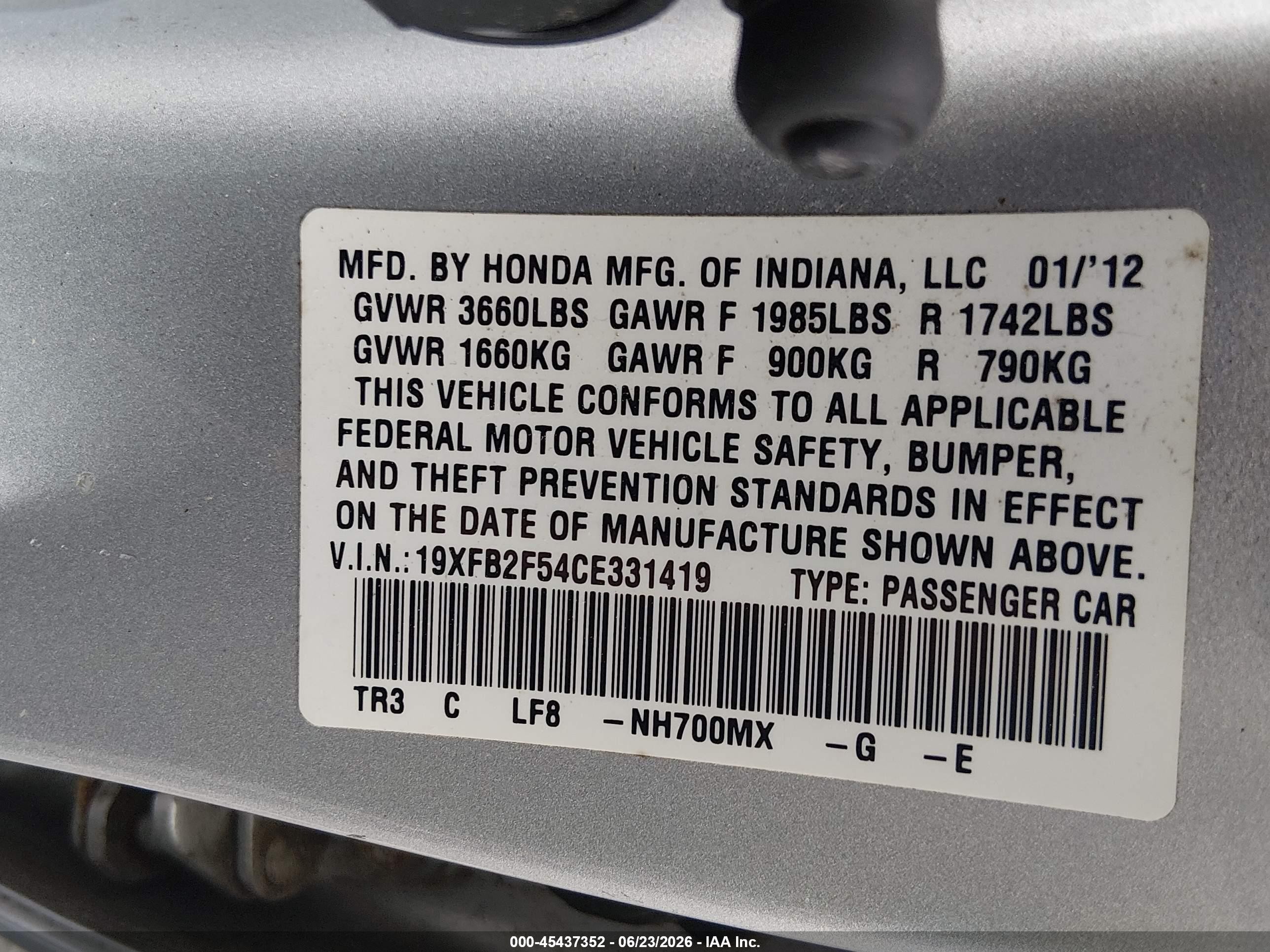 2012 Honda Civic Lx Серебряный vin: 19XFB2F54CE331419