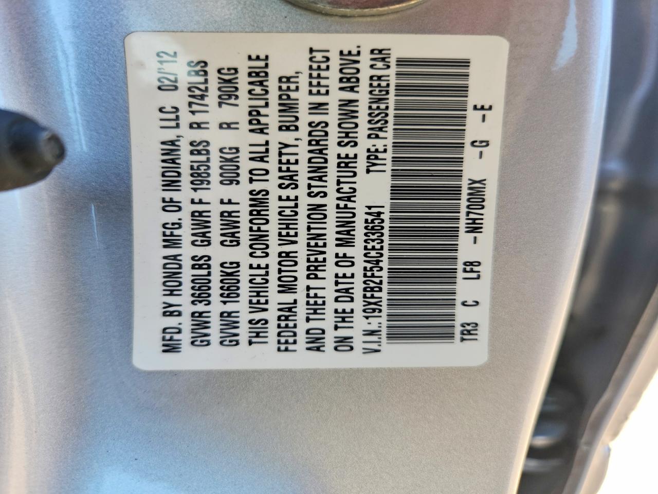 2012 Honda Civic Lx Silver vin: 19XFB2F54CE336541