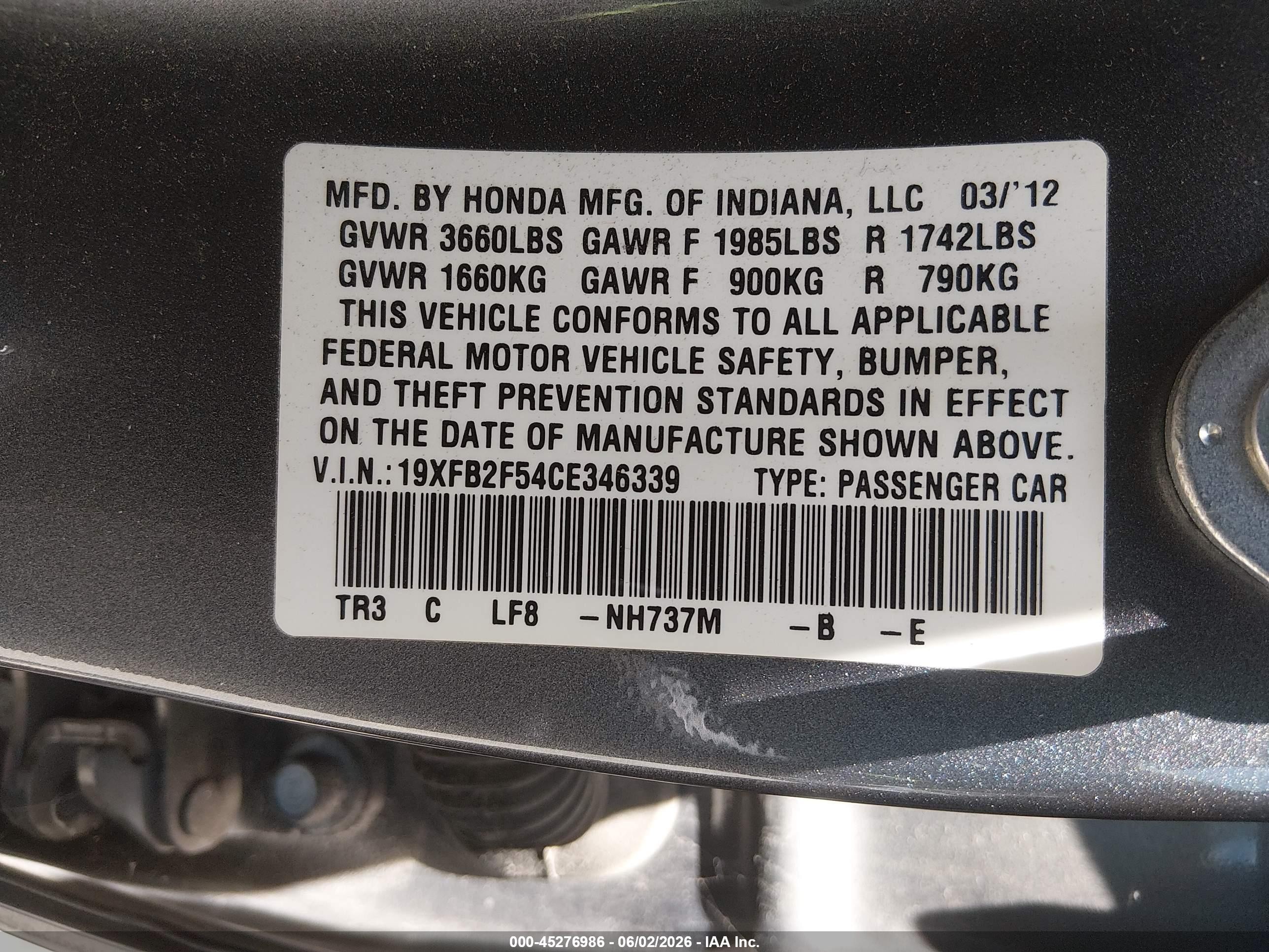 2012 Honda Civic Lx Gray vin: 19XFB2F54CE346339