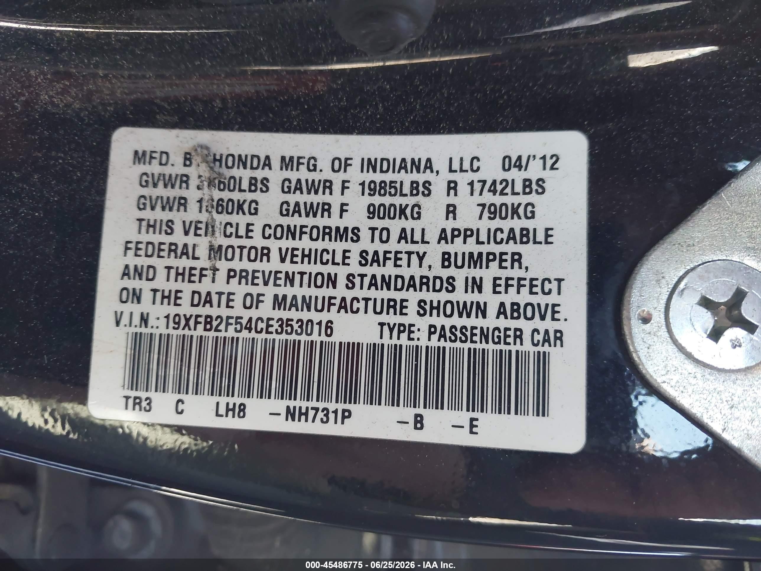 2012 Honda Civic Lx Black vin: 19XFB2F54CE353016