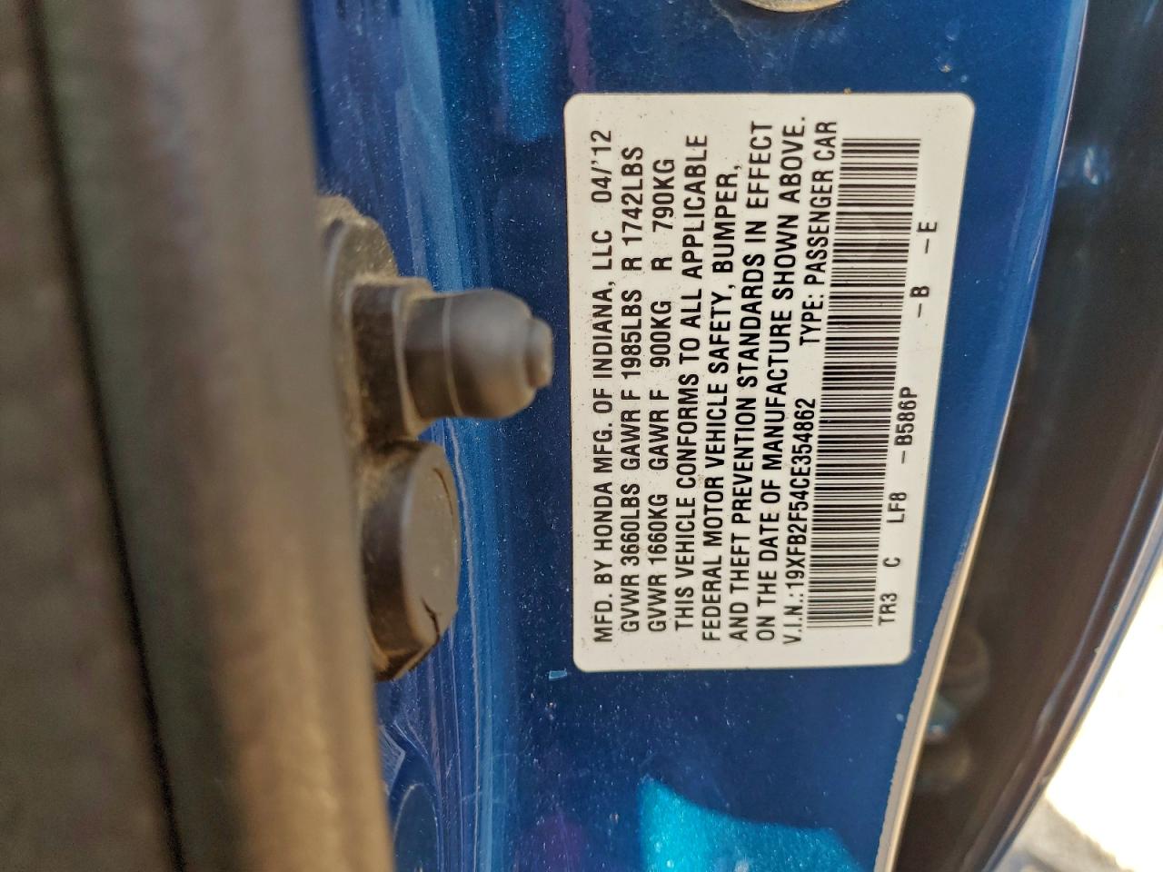 2012 Honda Civic Lx Blue vin: 19XFB2F54CE354862