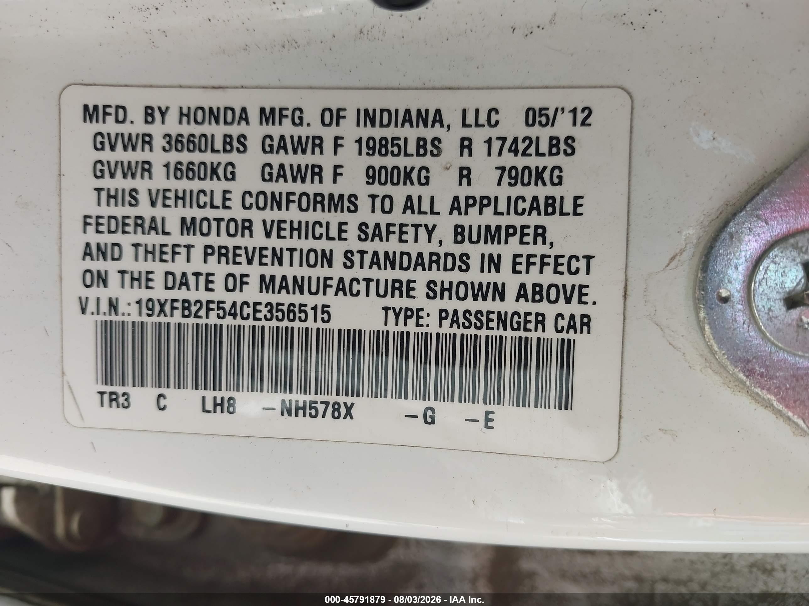 2012 Honda Civic Lx White vin: 19XFB2F54CE356515