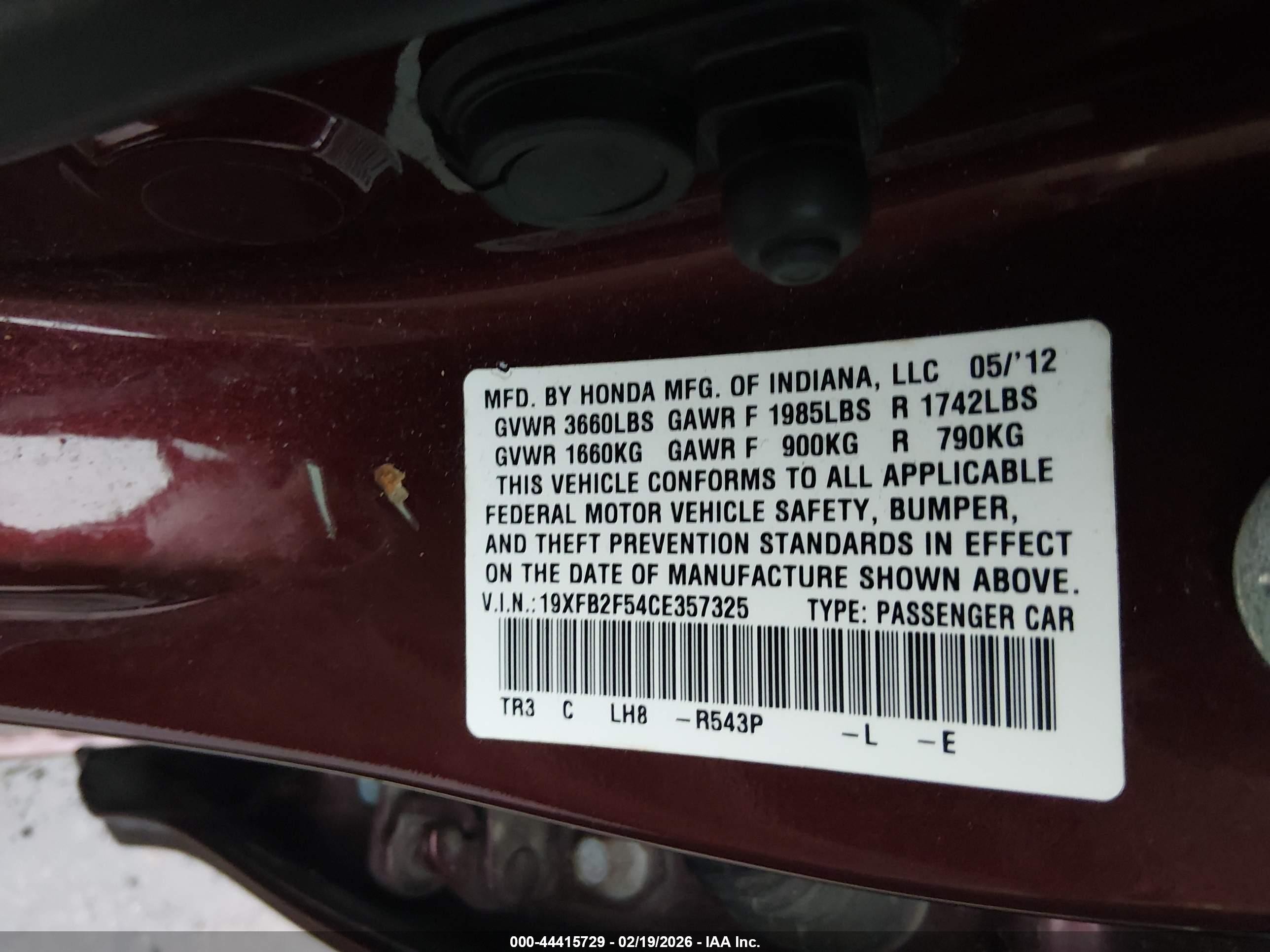 2012 Honda Civic Lx Burgundy vin: 19XFB2F54CE357325