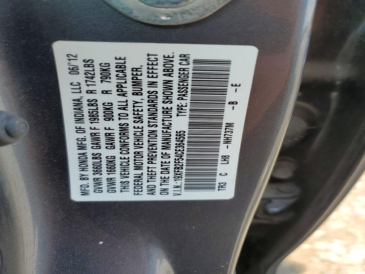 2012 Honda Civic Lx Серый vin: 19XFB2F54CE364565