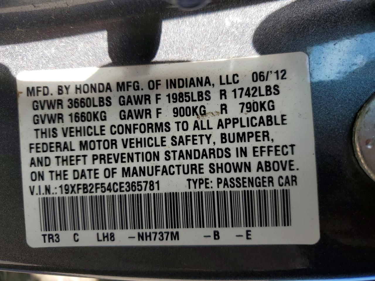 2012 Honda Civic Lx Gray vin: 19XFB2F54CE365781