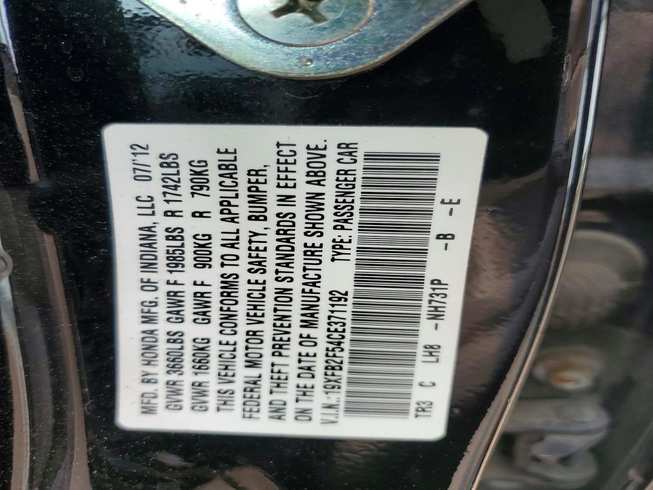 2012 Honda Civic Lx Black vin: 19XFB2F54CE371192