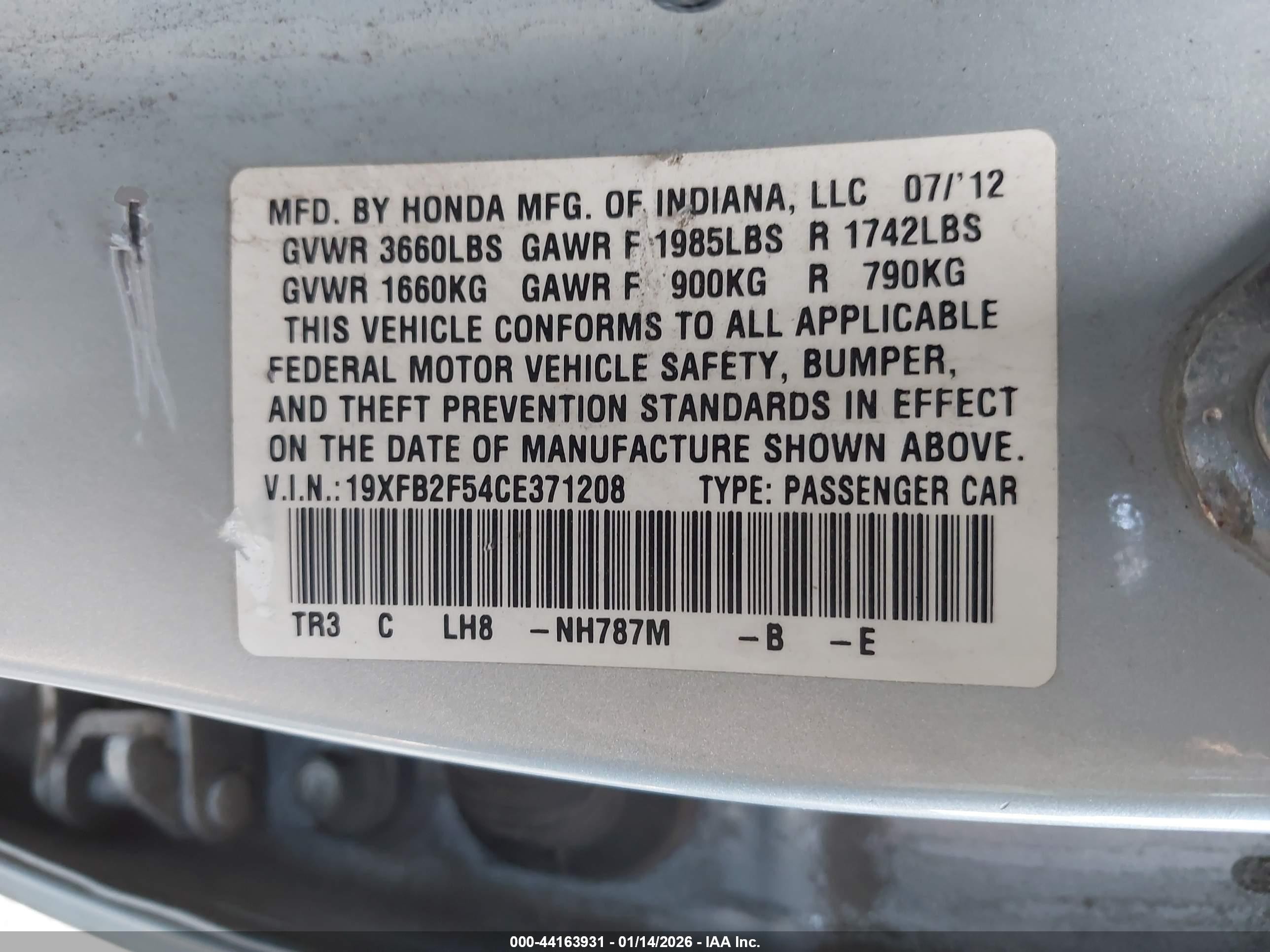 2012 Honda Civic Lx Light Blue vin: 19XFB2F54CE371208