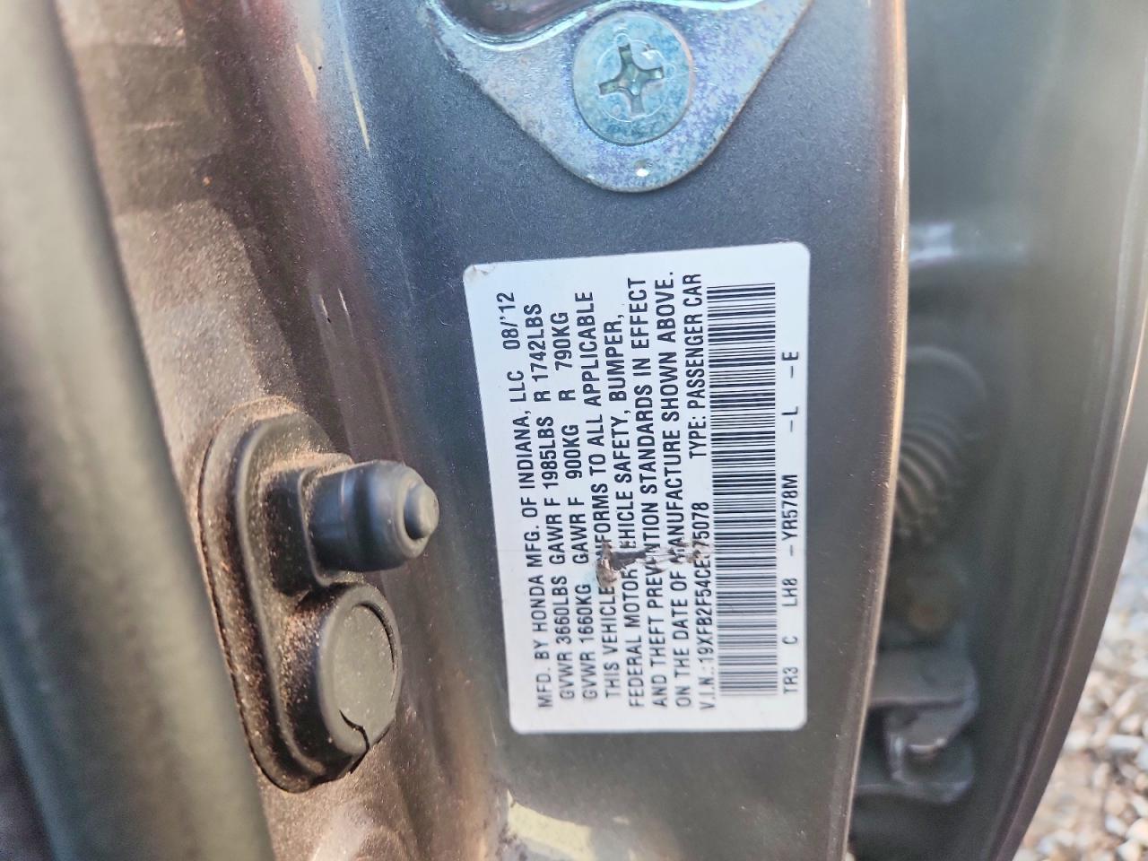 2012 Honda Civic Lx Gray vin: 19XFB2F54CE375078