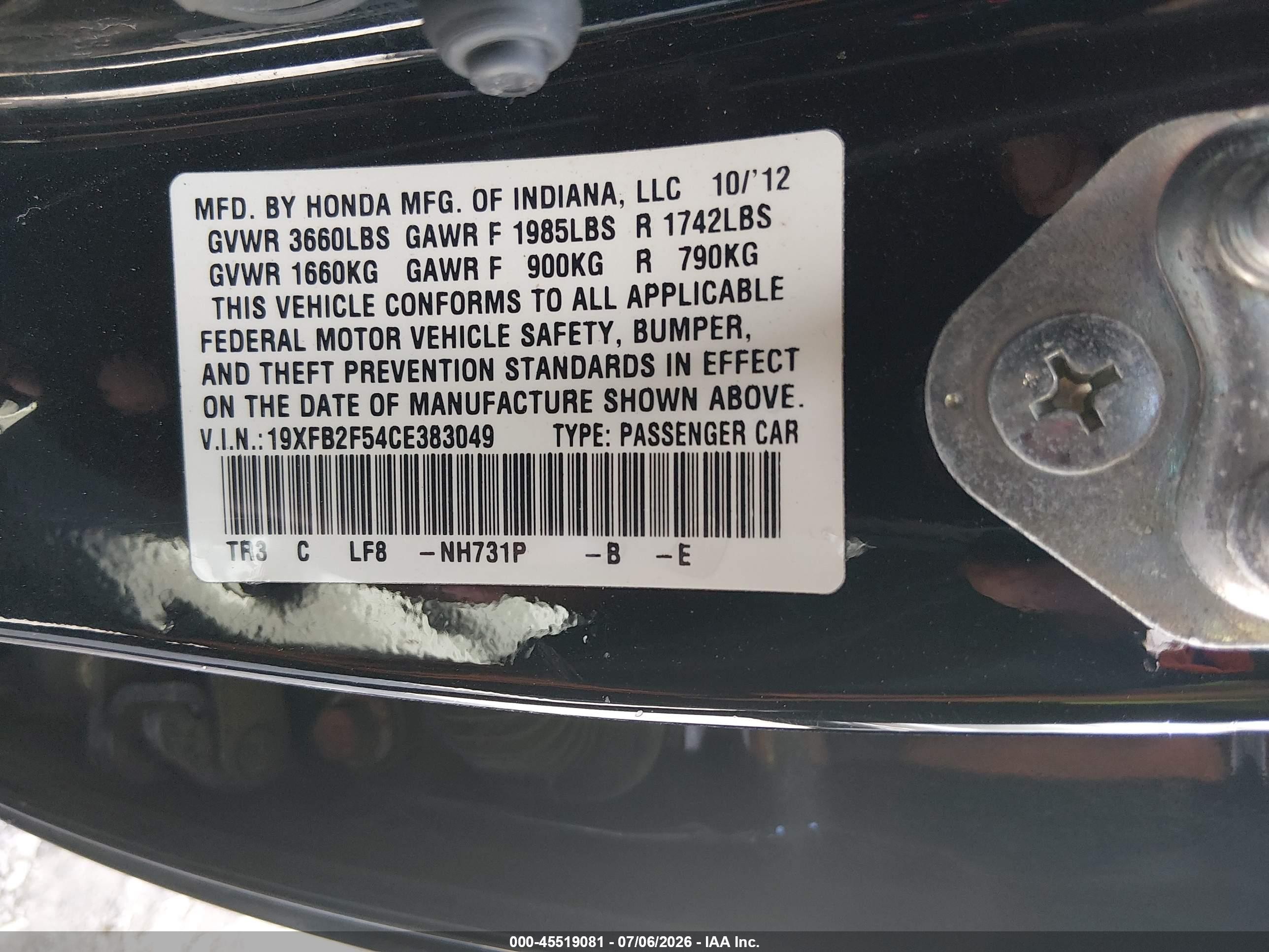 2012 Honda Civic Lx Black vin: 19XFB2F54CE383049