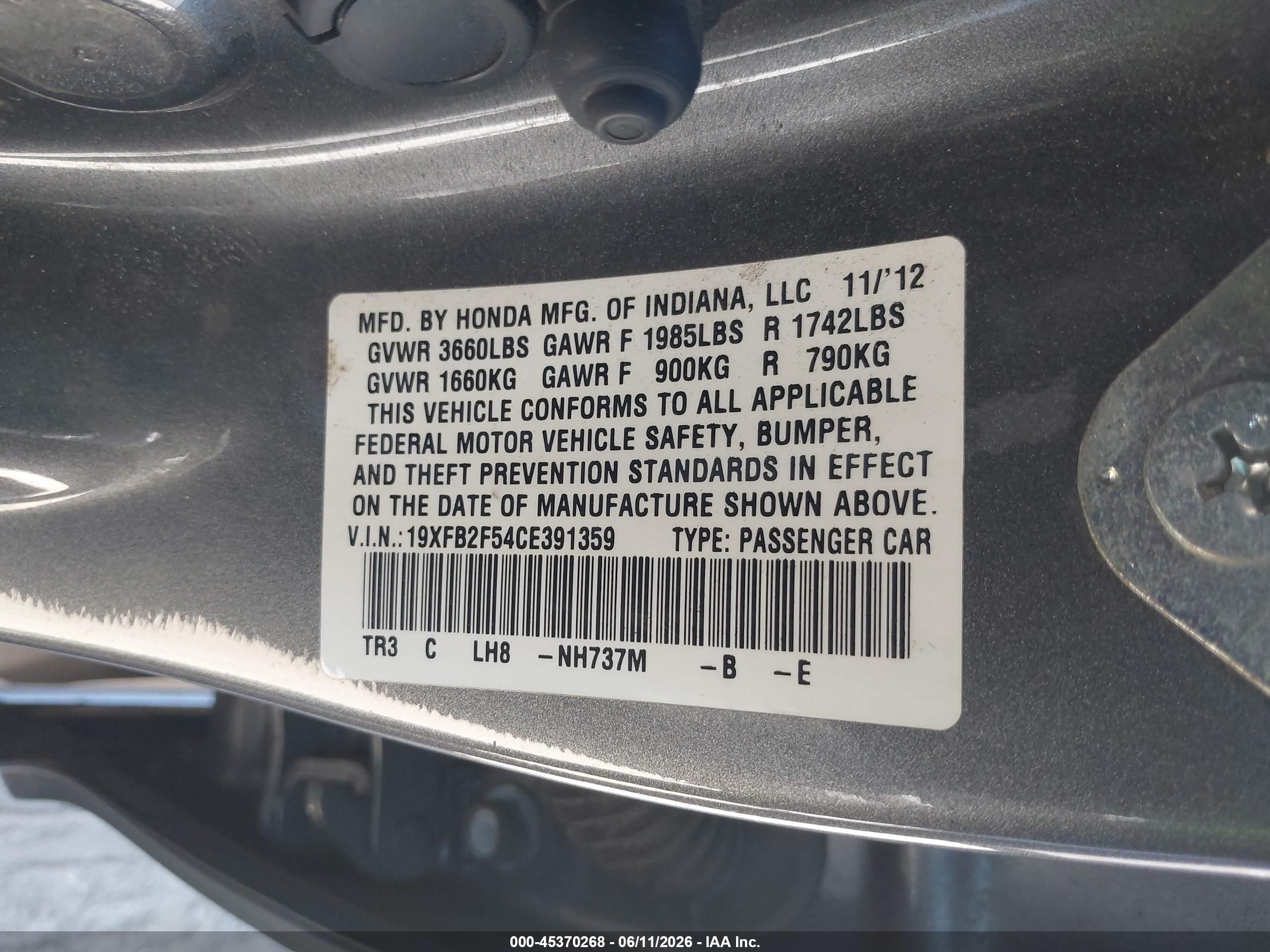 2012 Honda Civic Lx Gray vin: 19XFB2F54CE391359