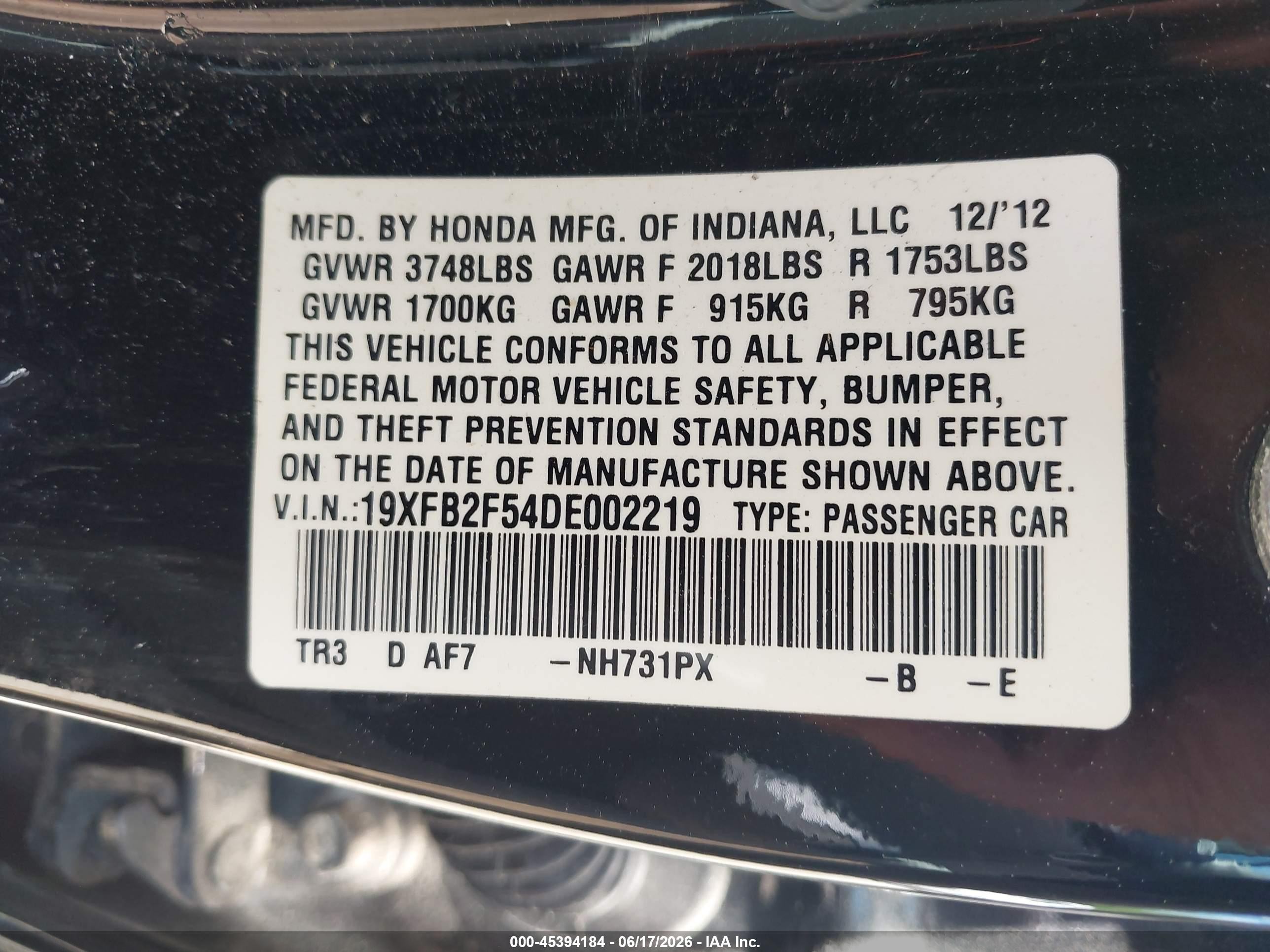 2013 Honda Civic Lx Black vin: 19XFB2F54DE002219