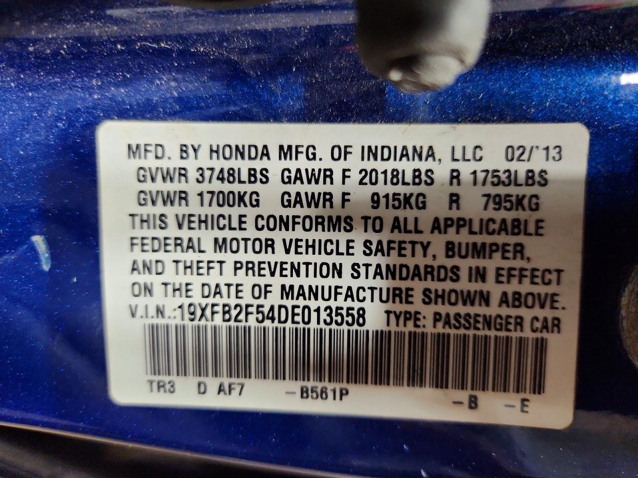 2013 Honda Civic Lx Blue vin: 19XFB2F54DE013558