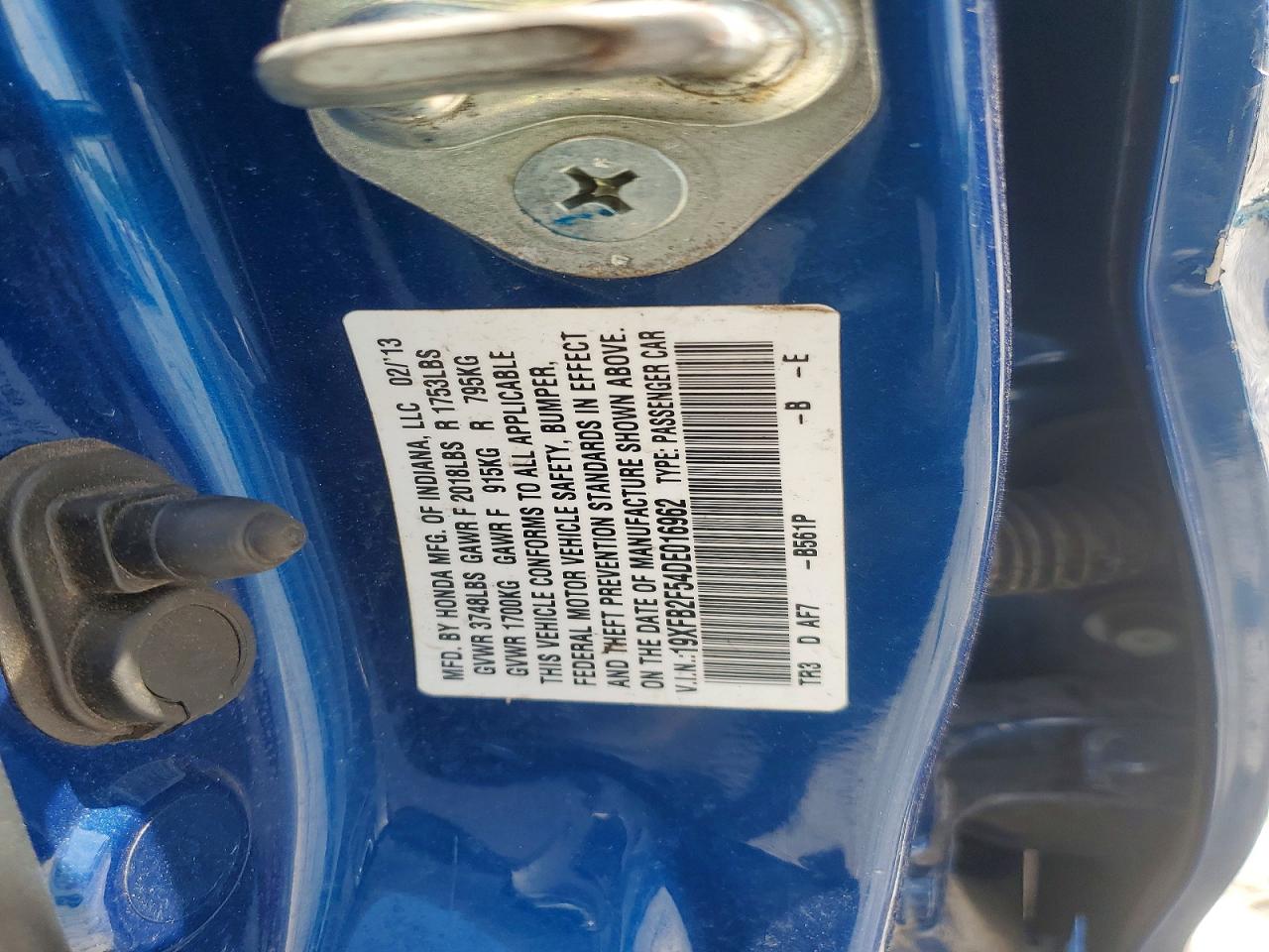 2013 Honda Civic Lx Blue vin: 19XFB2F54DE016962