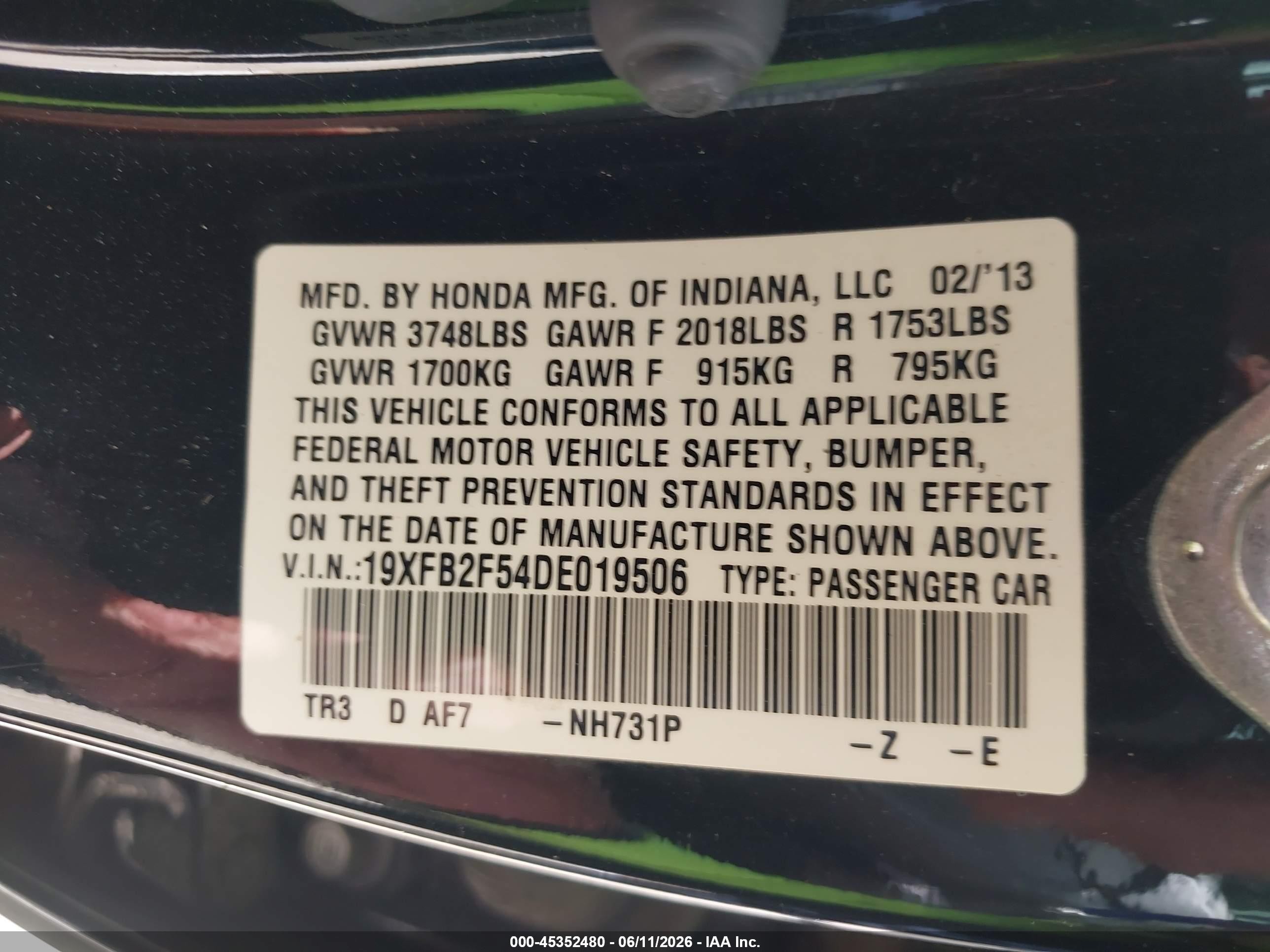 2013 Honda Civic Lx Black vin: 19XFB2F54DE019506
