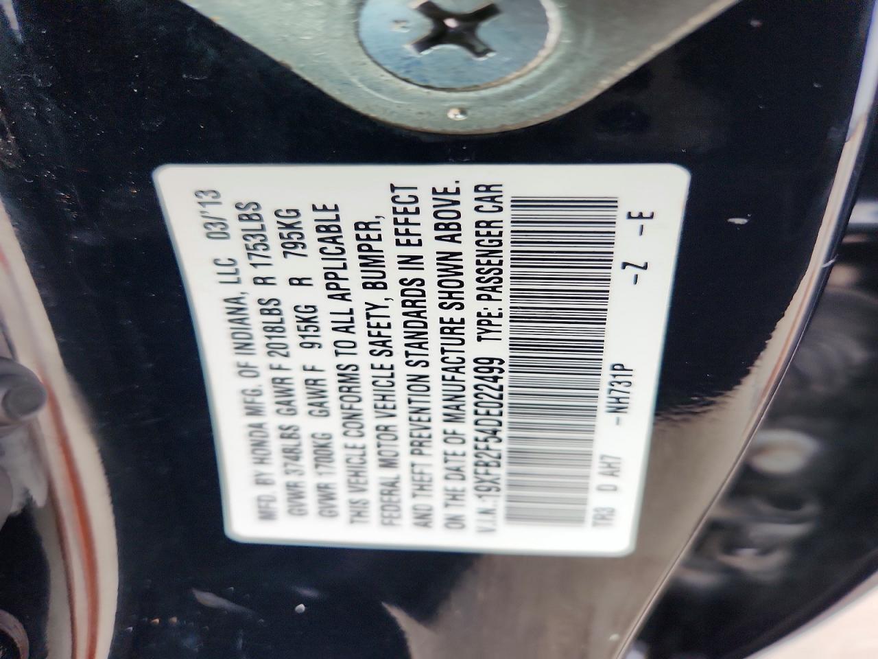 2013 Honda Civic Lx Black vin: 19XFB2F54DE022499