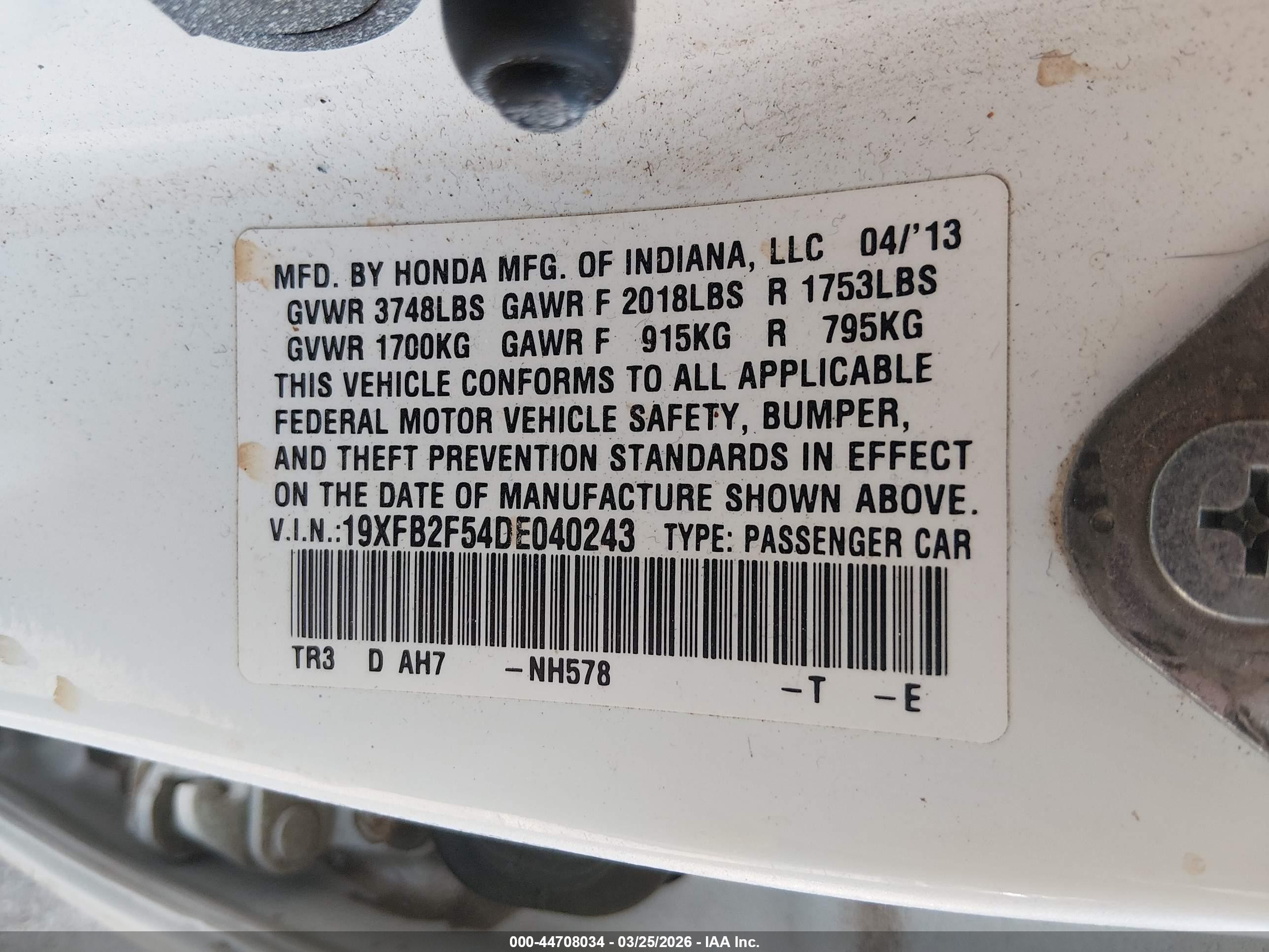 2013 Honda Civic Lx White vin: 19XFB2F54DE040243