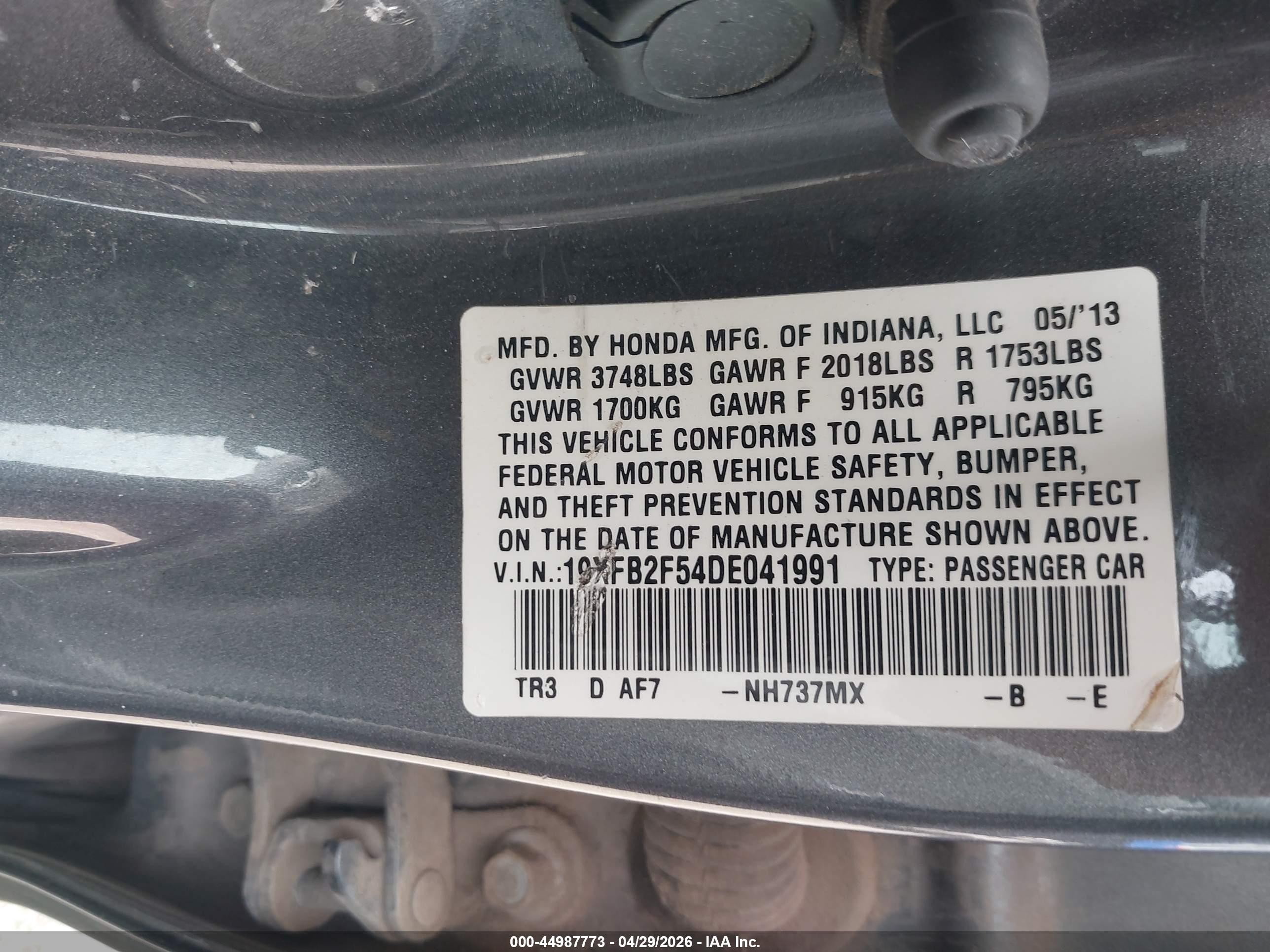 2013 Honda Civic Lx Gray vin: 19XFB2F54DE041991