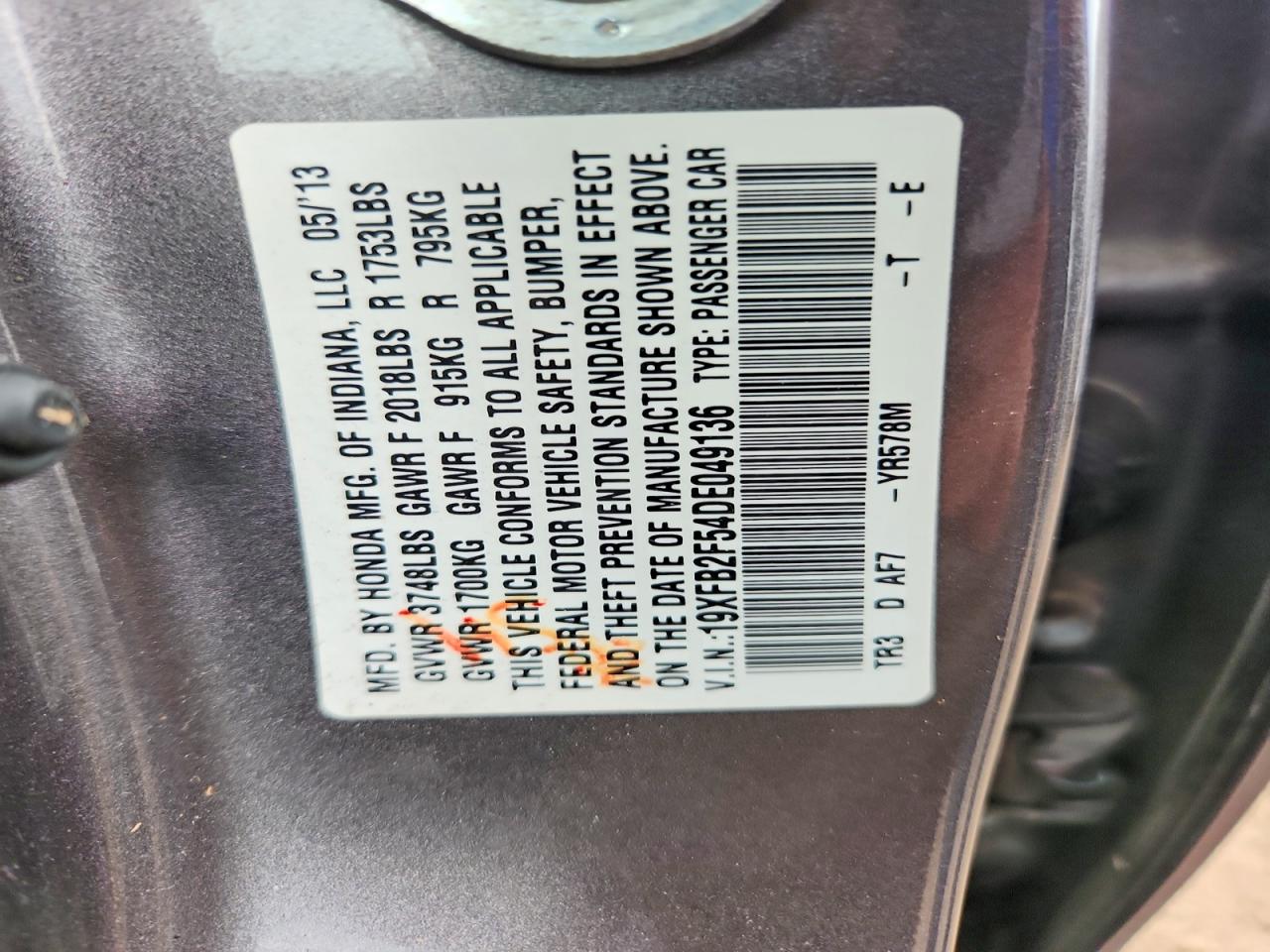 2013 Honda Civic Lx Gray vin: 19XFB2F54DE049136