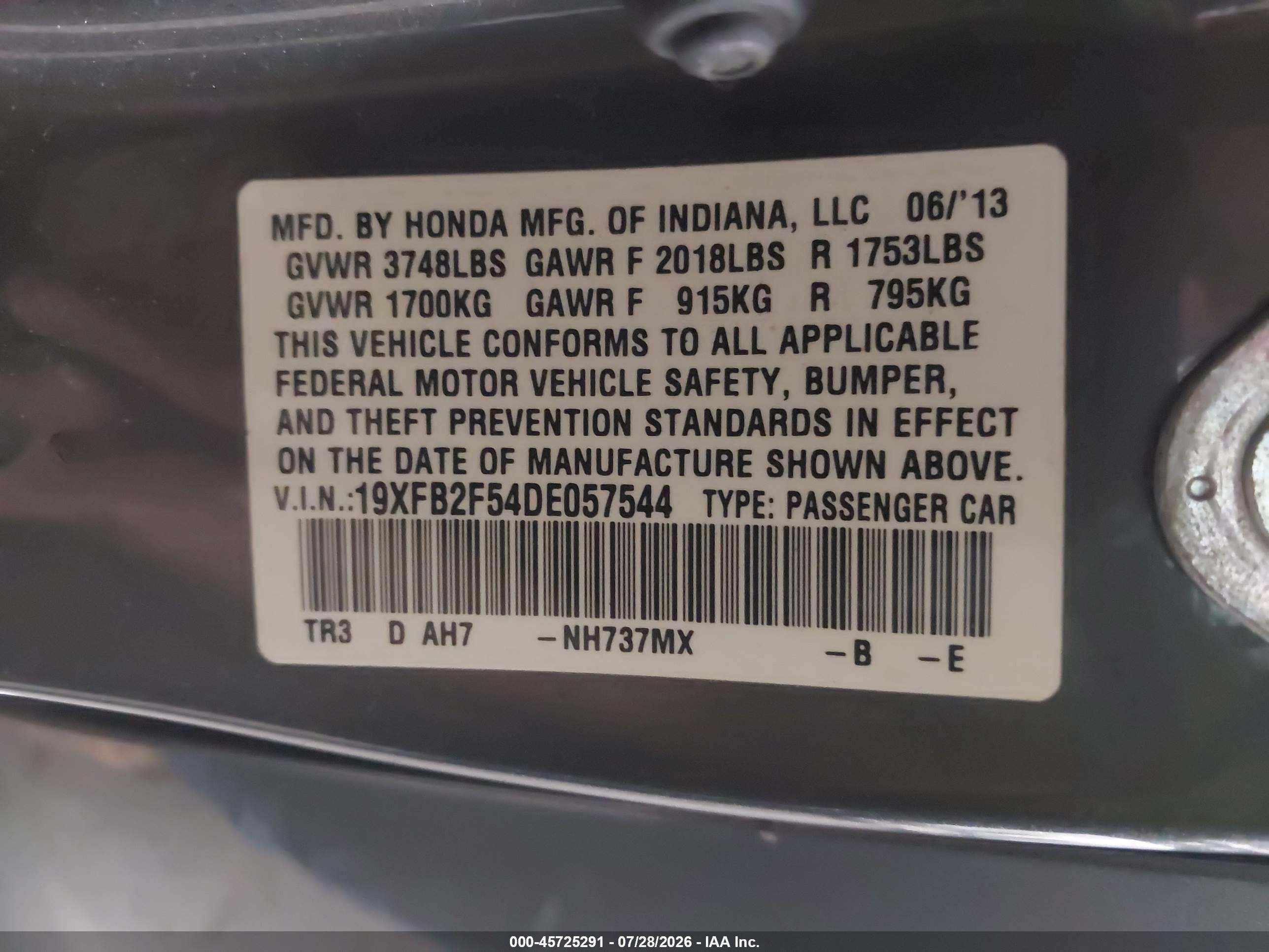 2013 Honda Civic Lx Серый vin: 19XFB2F54DE057544