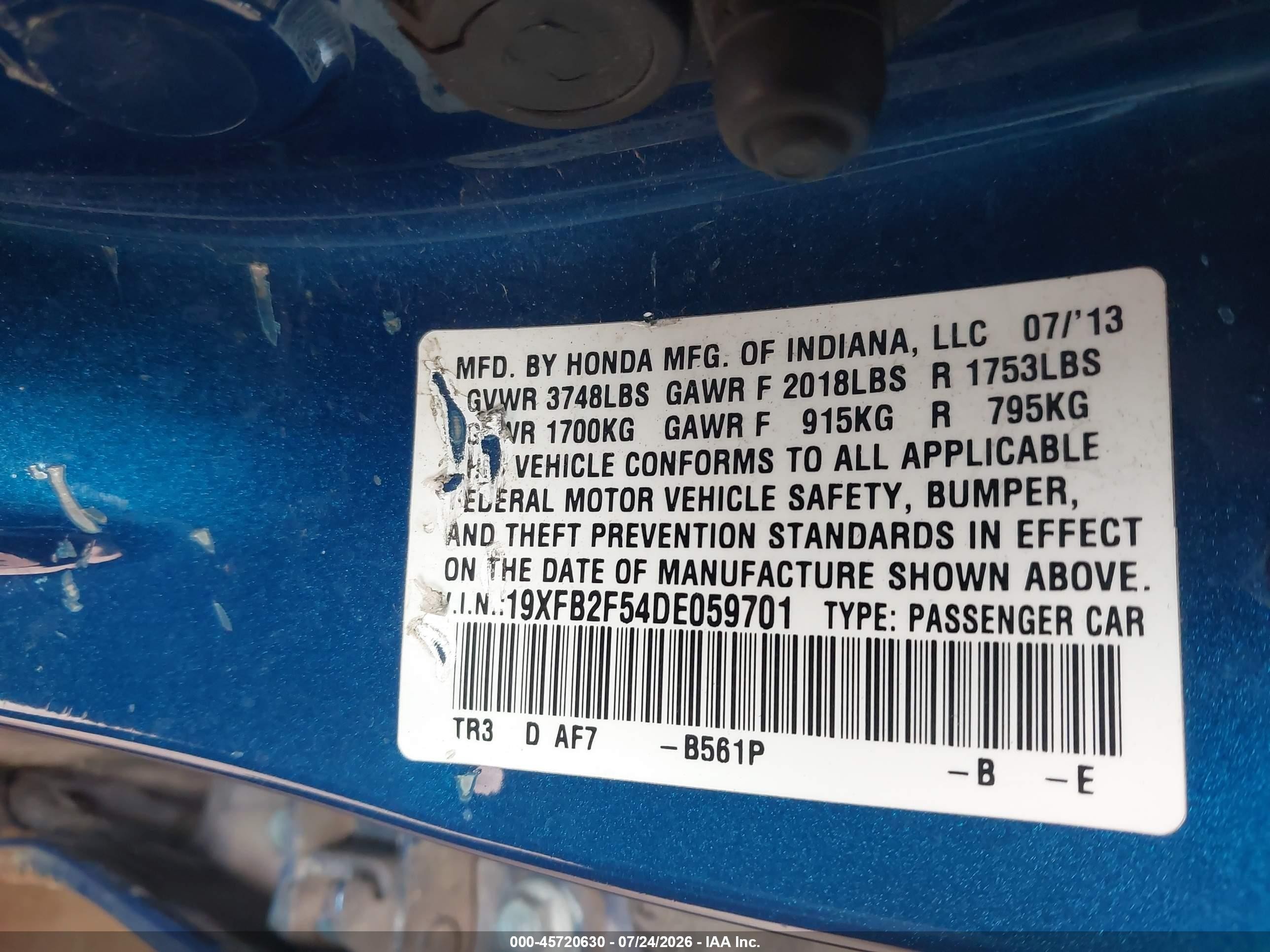 2013 Honda Civic Lx Blue vin: 19XFB2F54DE059701