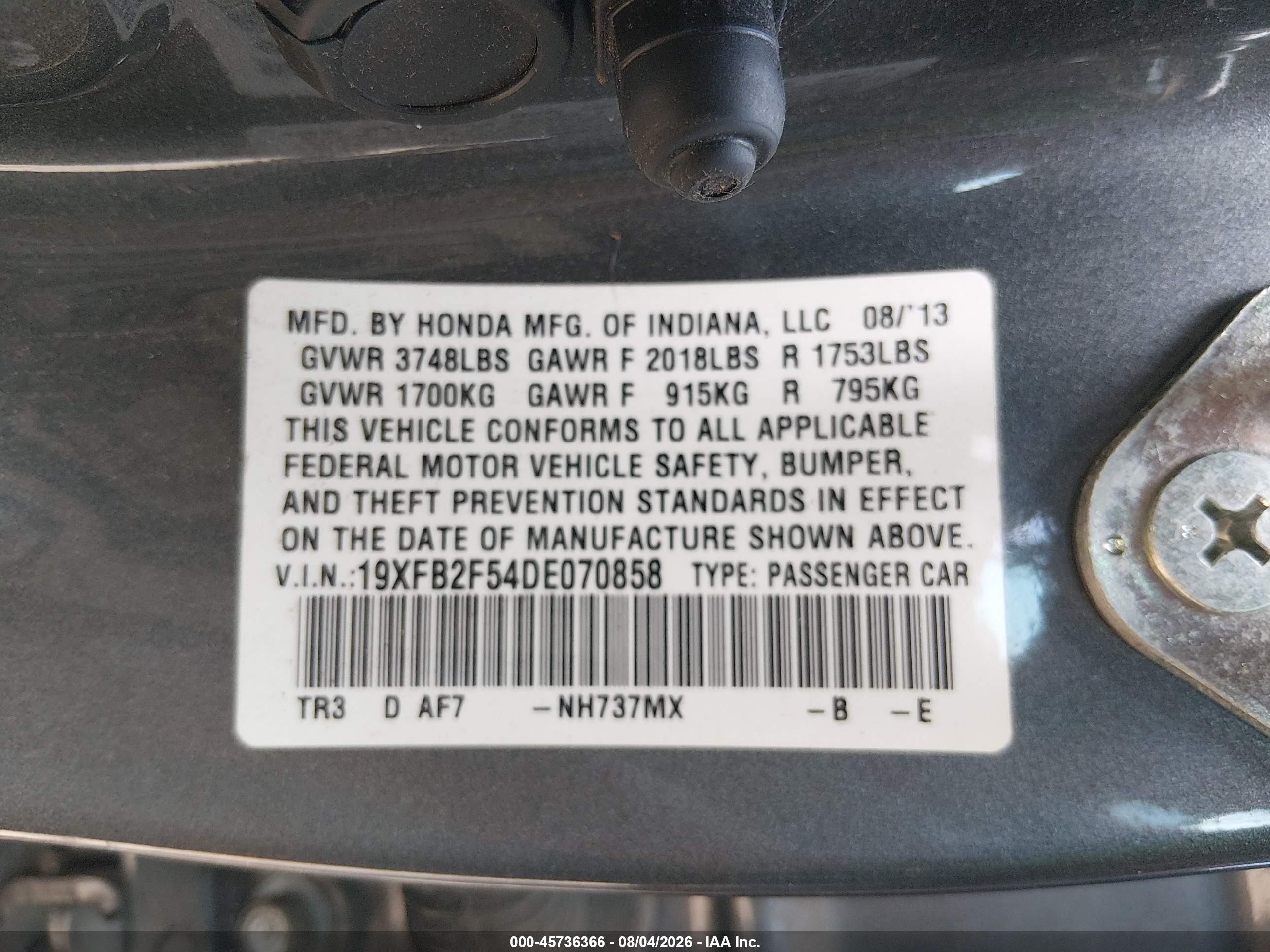 2013 Honda Civic Lx Серый vin: 19XFB2F54DE070858