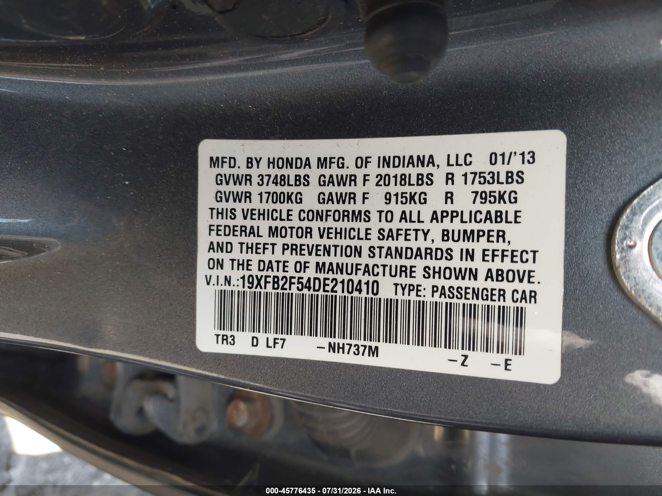 2013 Honda Civic Lx Gray vin: 19XFB2F54DE210410