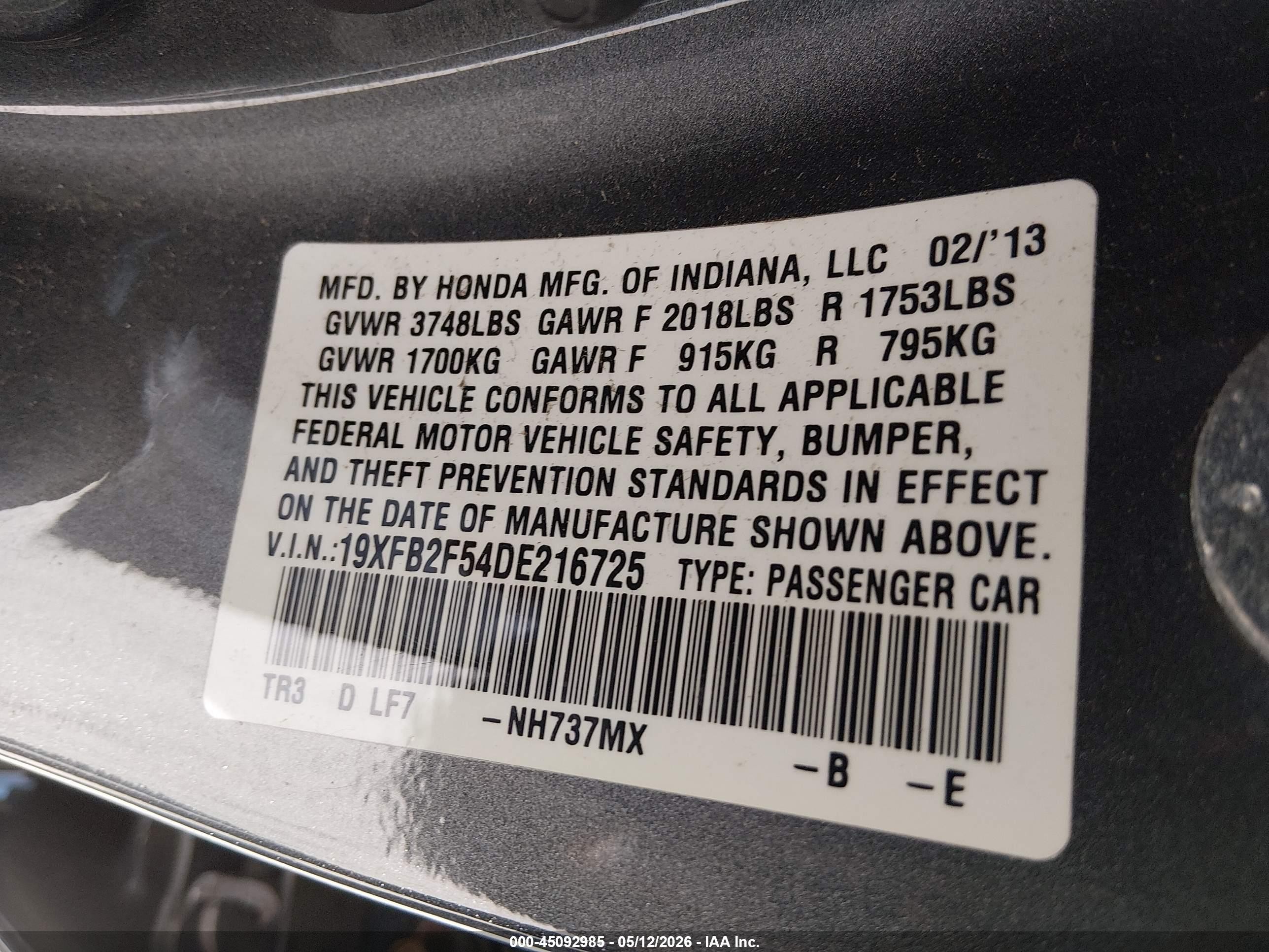 2013 Honda Civic Lx Gray vin: 19XFB2F54DE216725