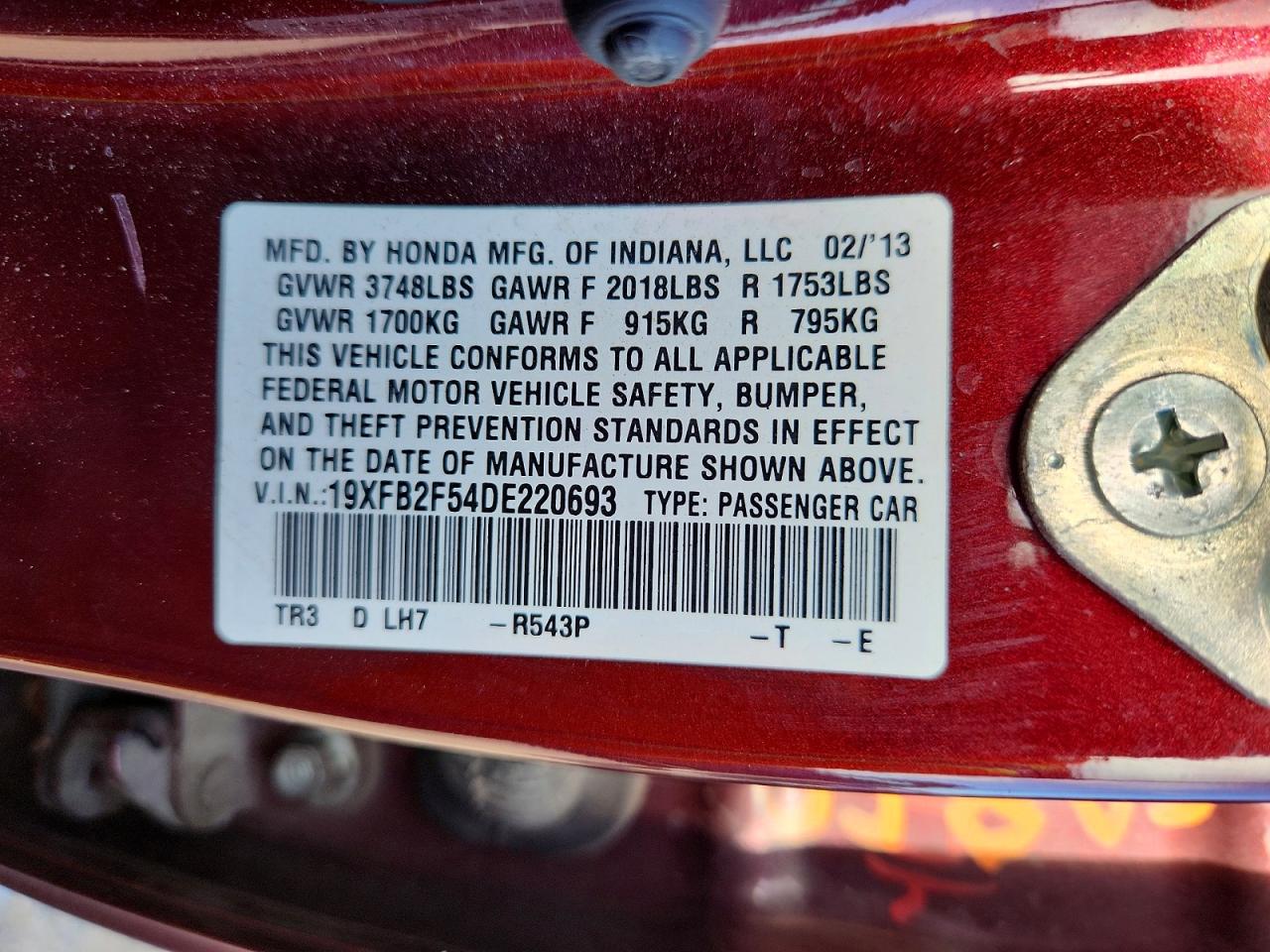 2013 Honda Civic Lx Burgundy vin: 19XFB2F54DE220693
