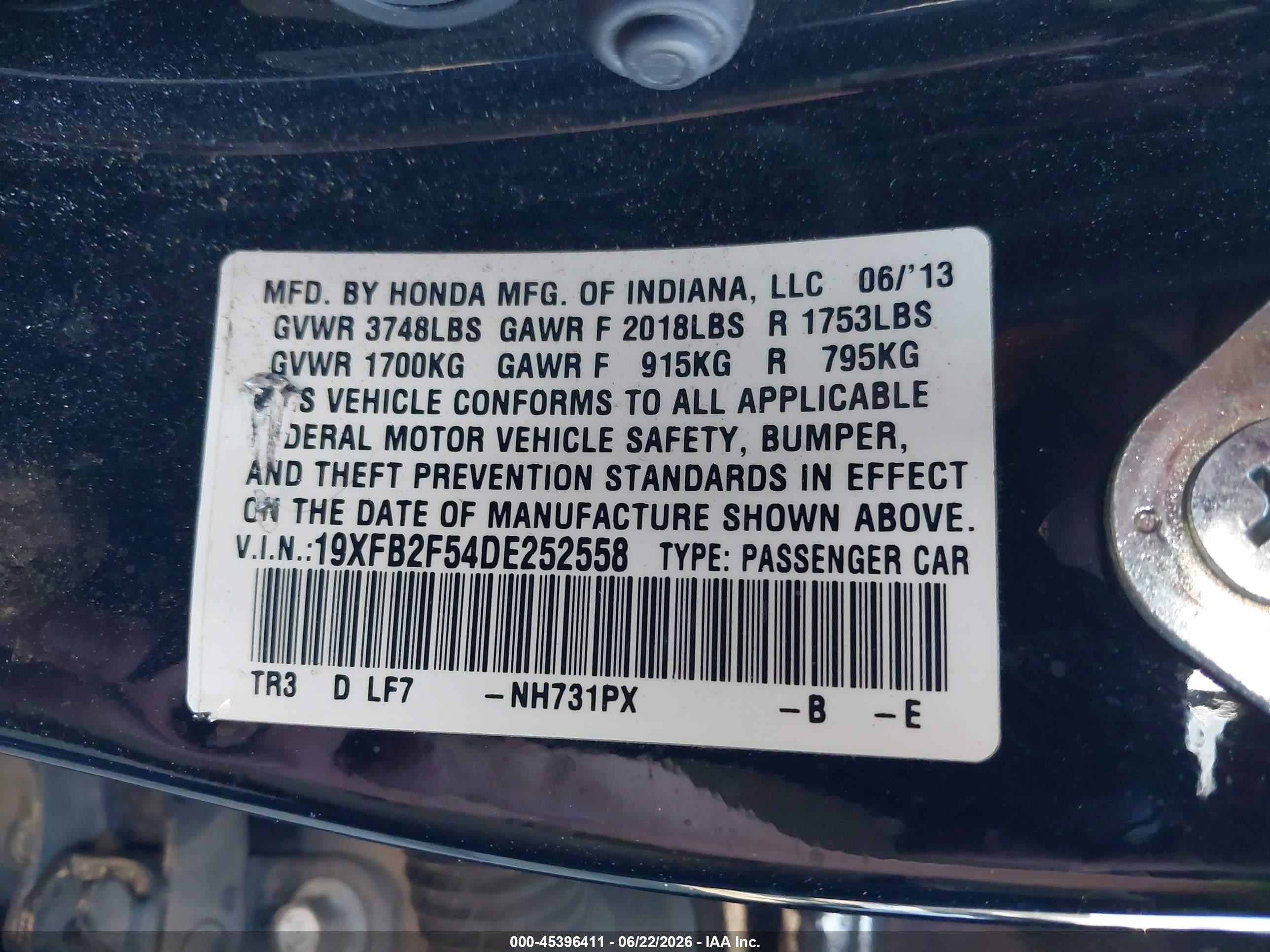 2013 Honda Civic Lx Black vin: 19XFB2F54DE252558
