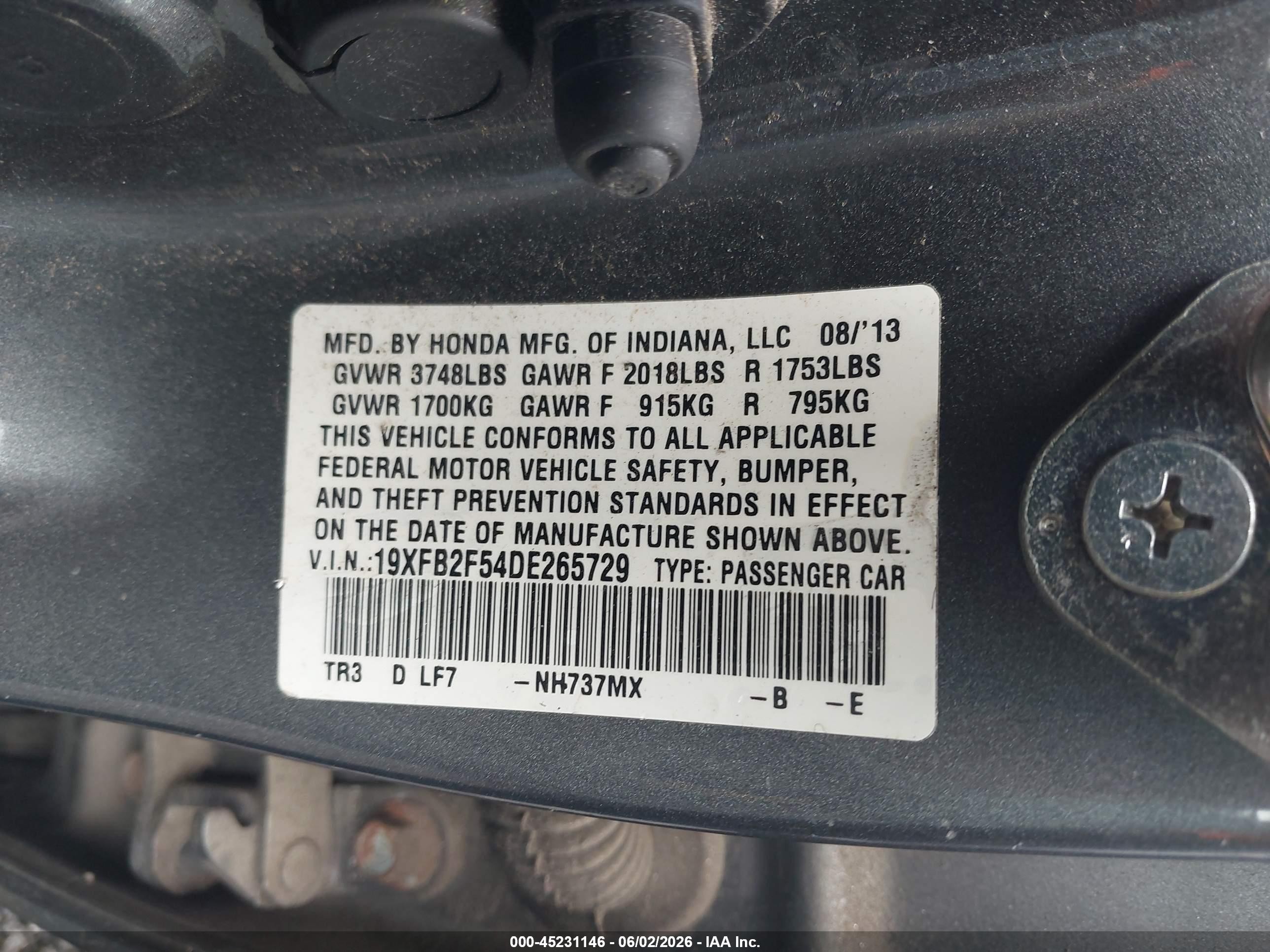 2013 Honda Civic Lx Gray vin: 19XFB2F54DE265729
