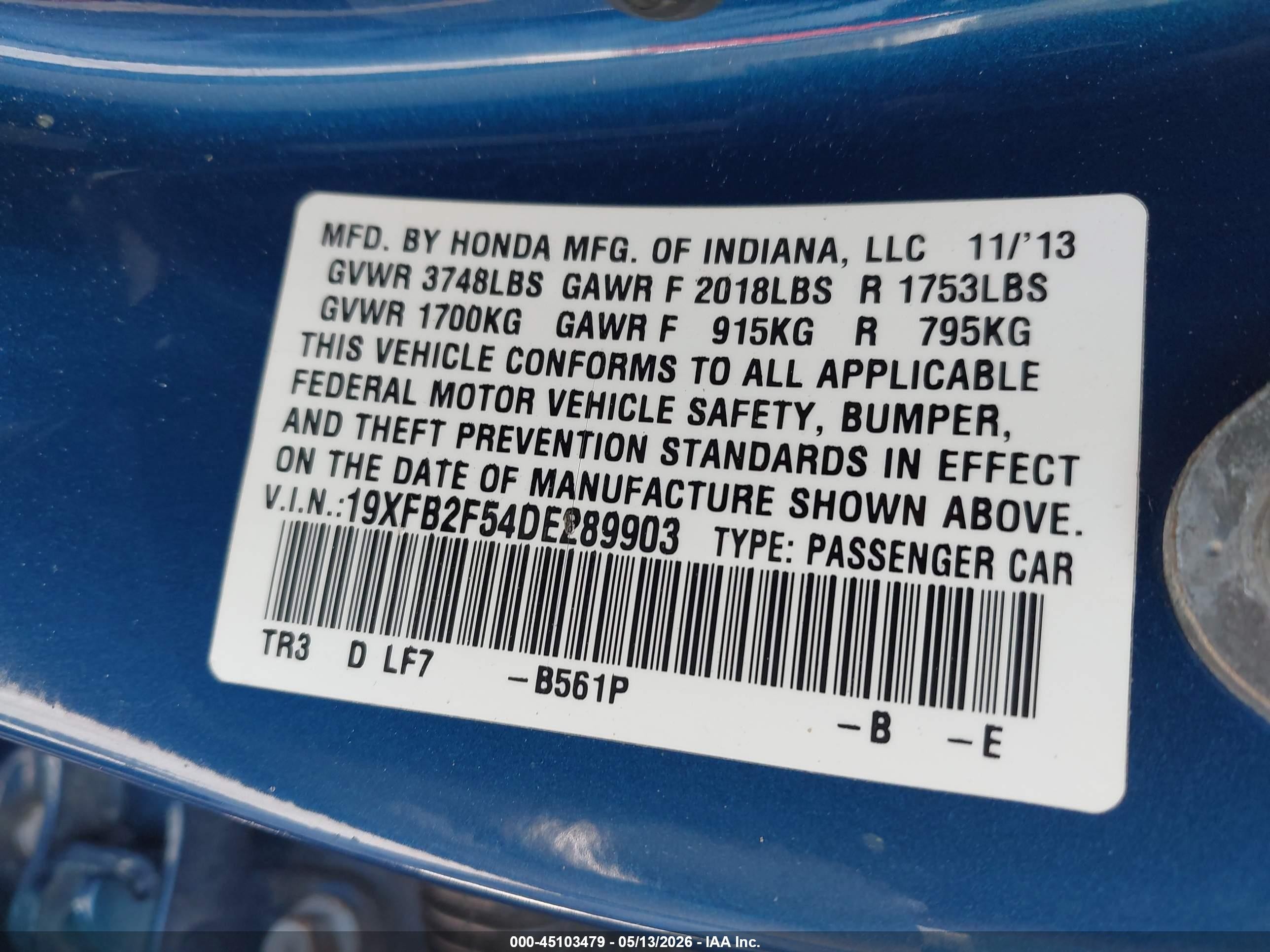 2013 Honda Civic Lx Blue vin: 19XFB2F54DE289903