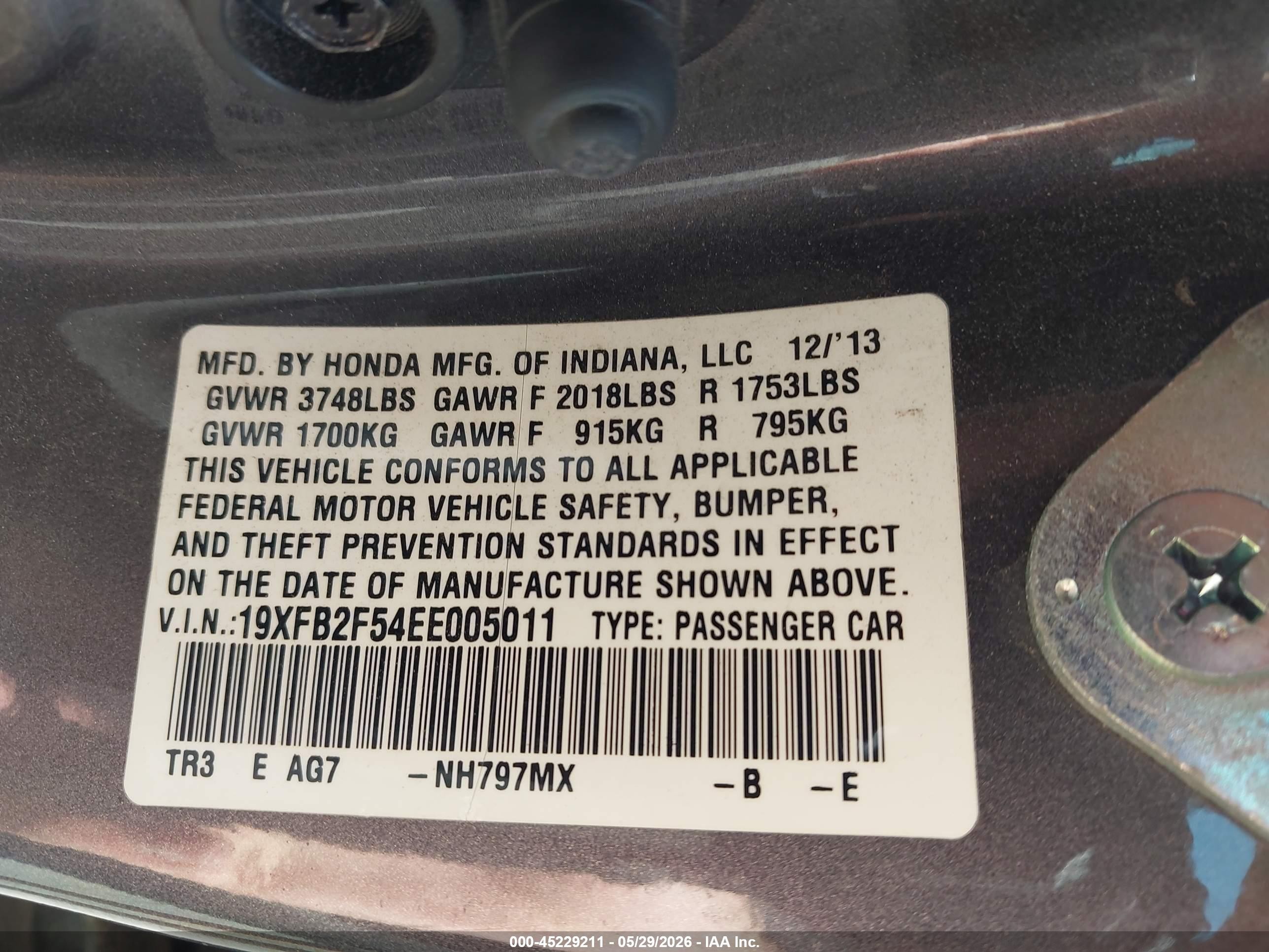 2014 Honda Civic Lx Gray vin: 19XFB2F54EE005011