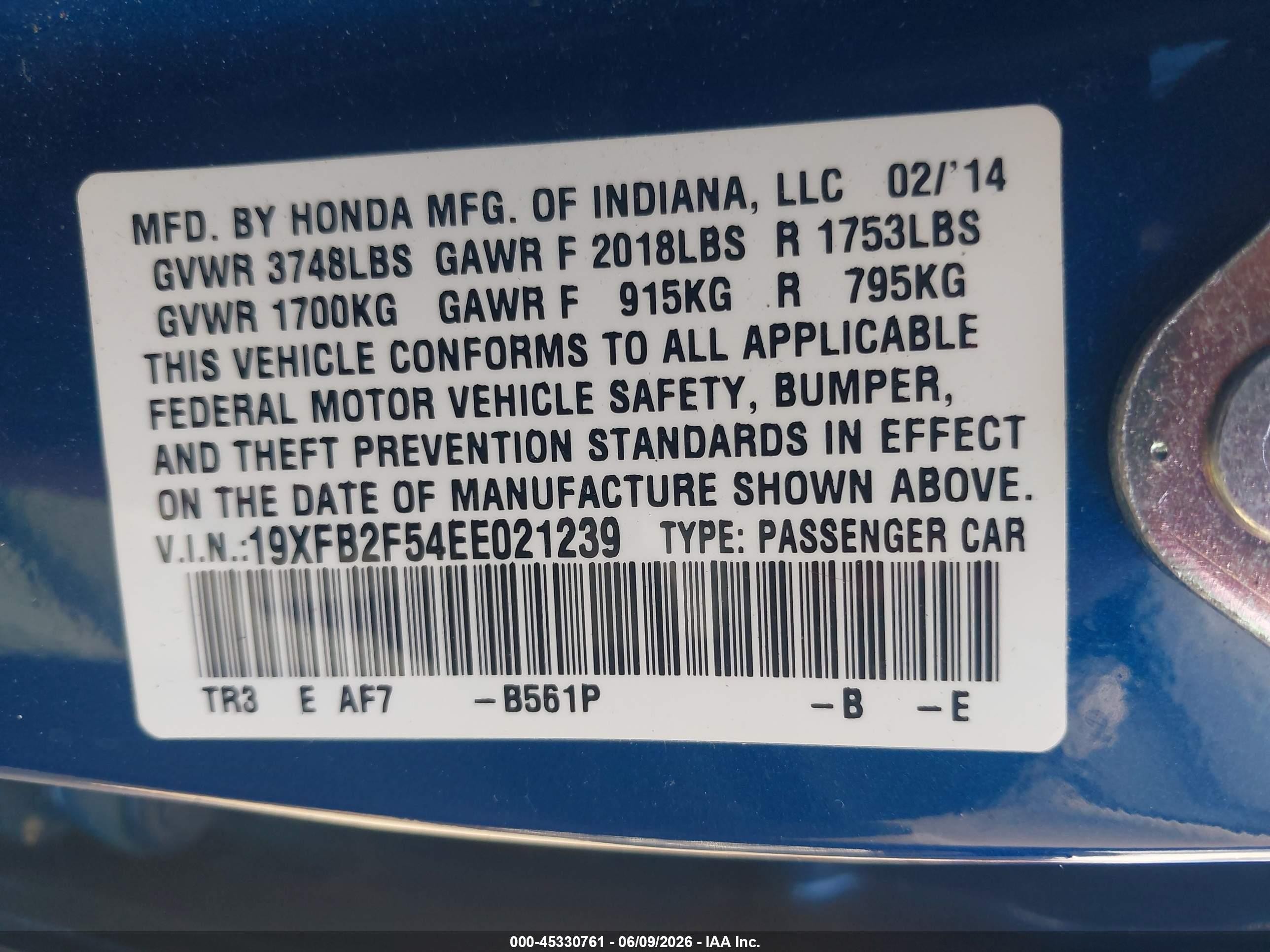 2014 Honda Civic Lx Blue vin: 19XFB2F54EE021239