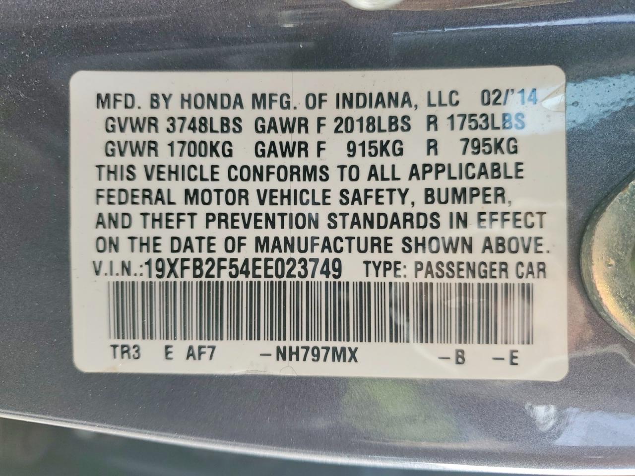 2014 Honda Civic Lx Gray vin: 19XFB2F54EE023749
