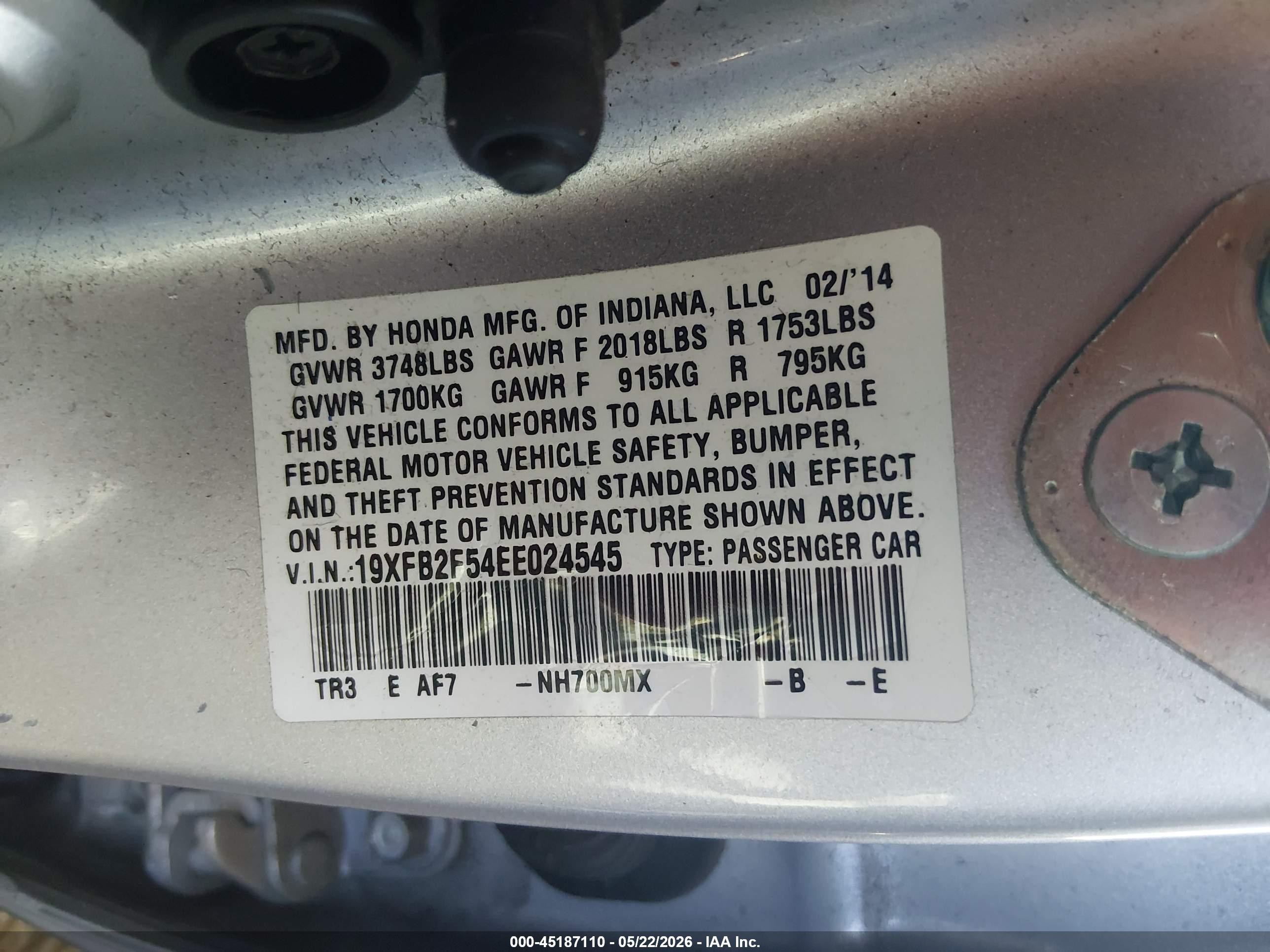 2014 Honda Civic Lx Silver vin: 19XFB2F54EE024545