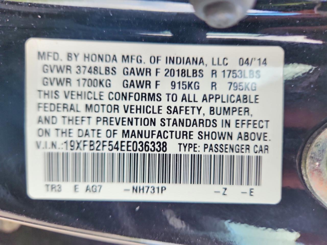 2014 Honda Civic Lx Black vin: 19XFB2F54EE036338