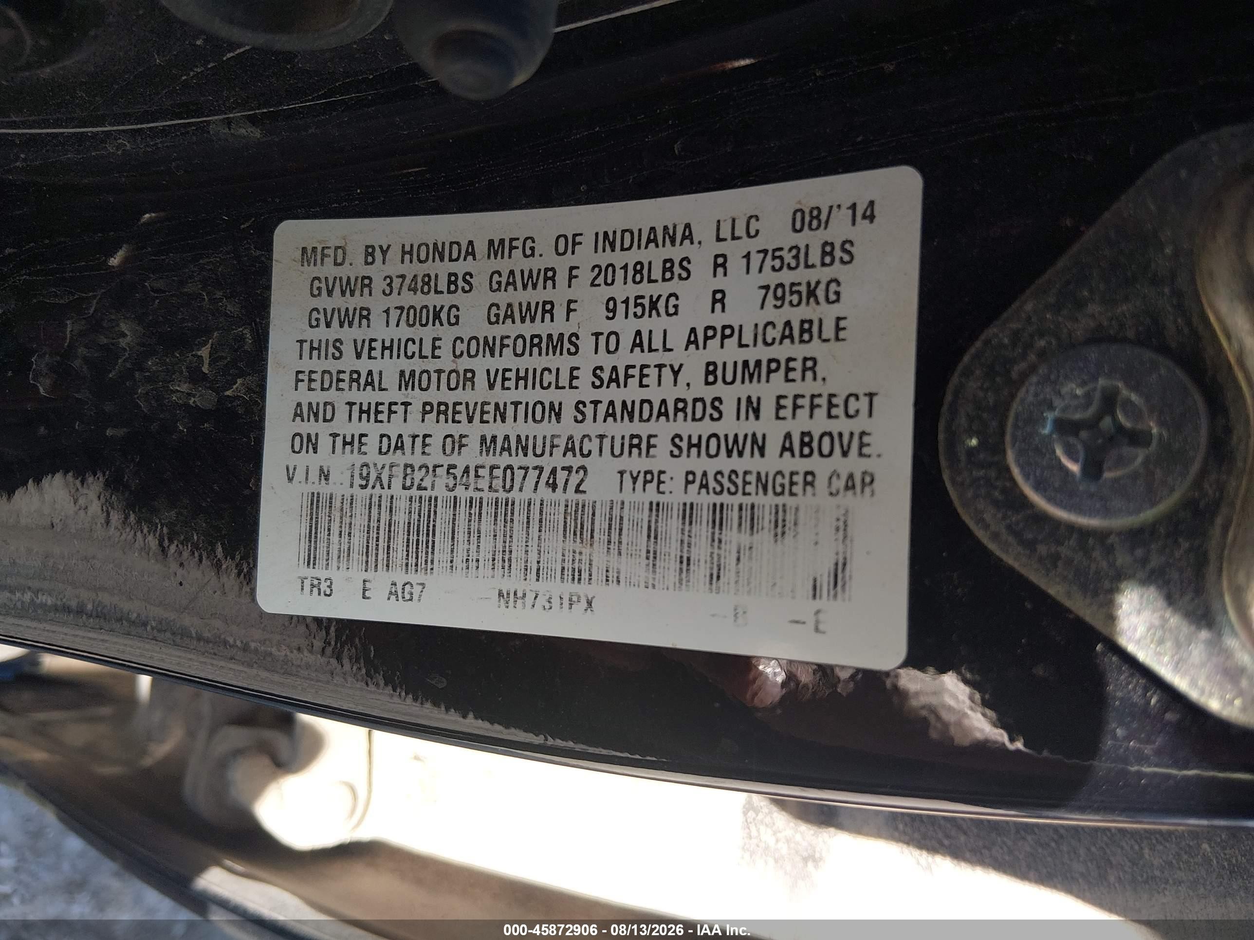 2014 Honda Civic Lx Black vin: 19XFB2F54EE077472