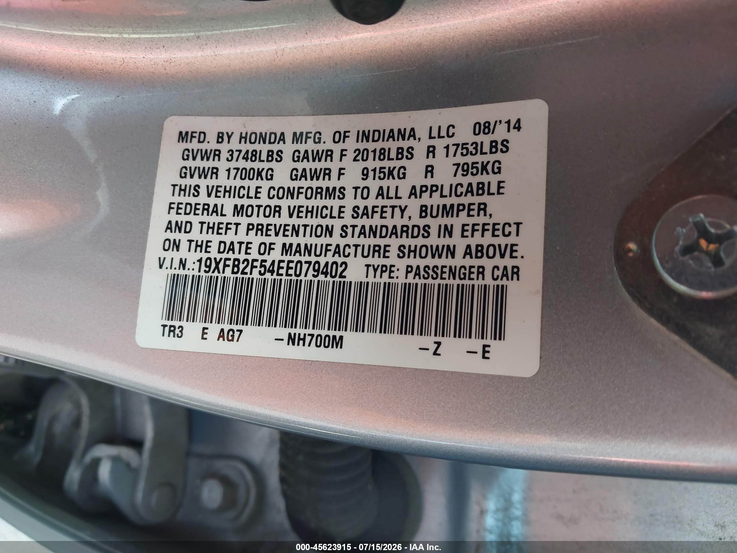 2014 Honda Civic Lx Серебряный vin: 19XFB2F54EE079402