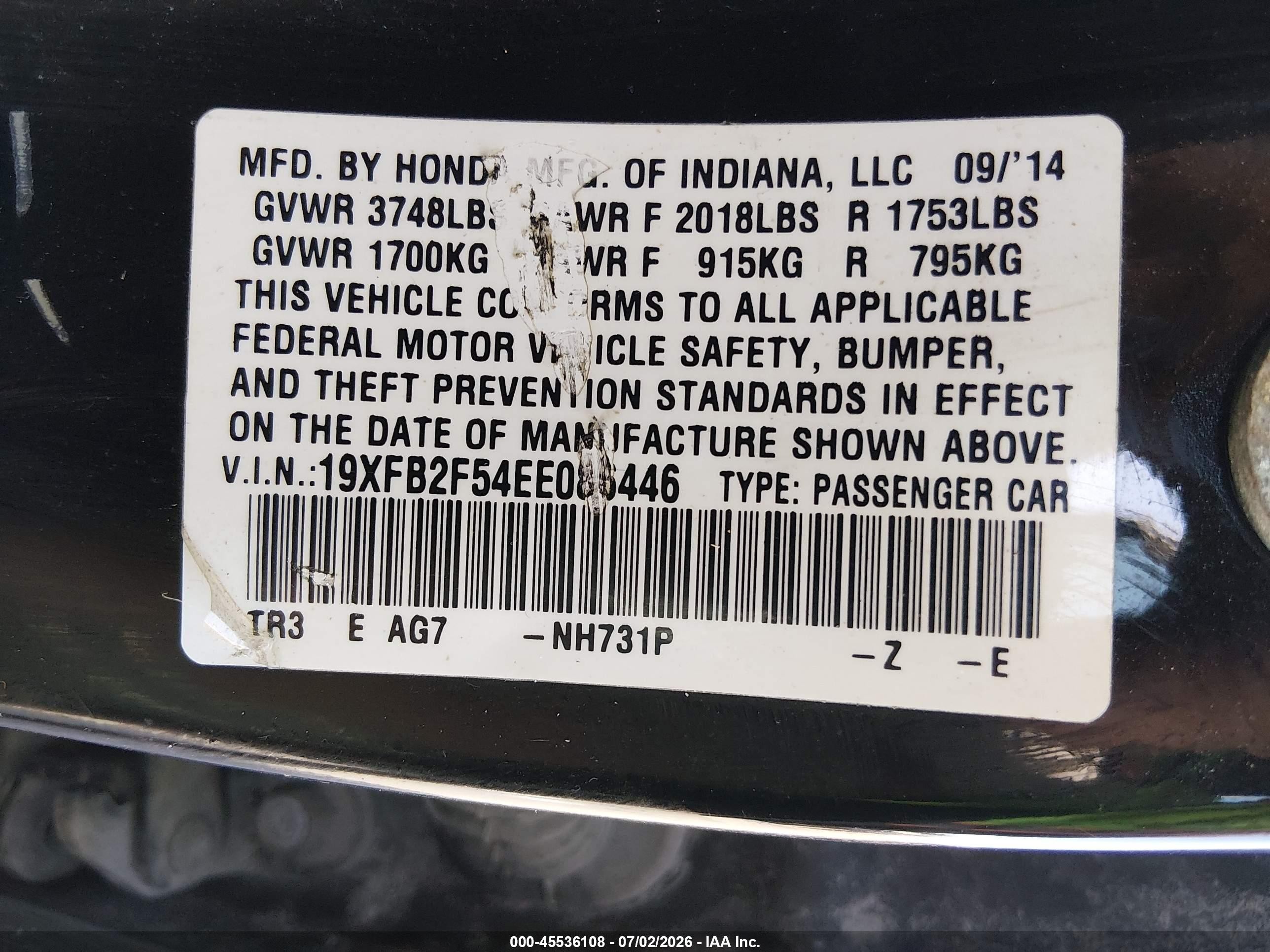 2014 Honda Civic Lx Black vin: 19XFB2F54EE086446