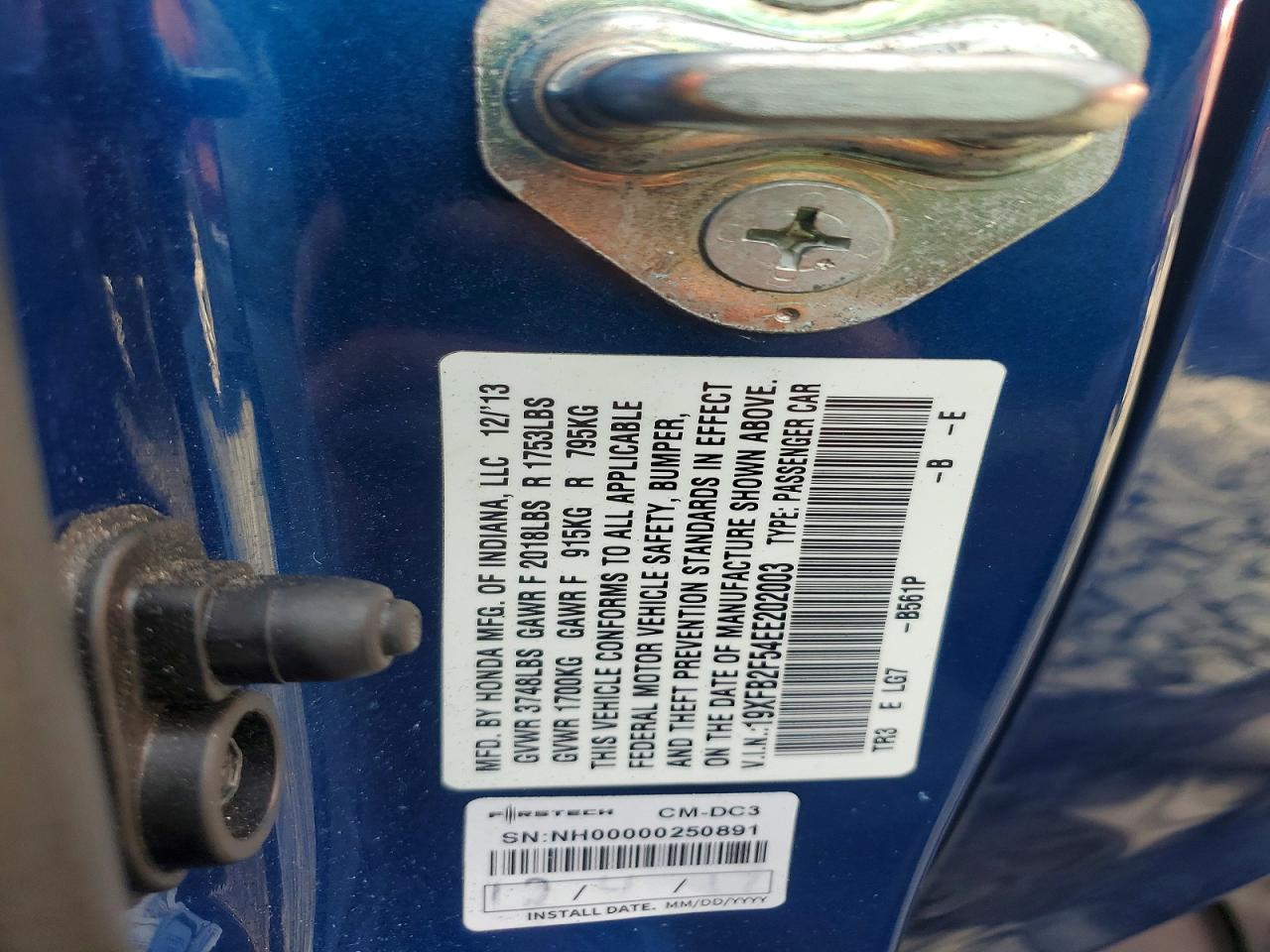 2014 Honda Civic Lx Blue vin: 19XFB2F54EE202003