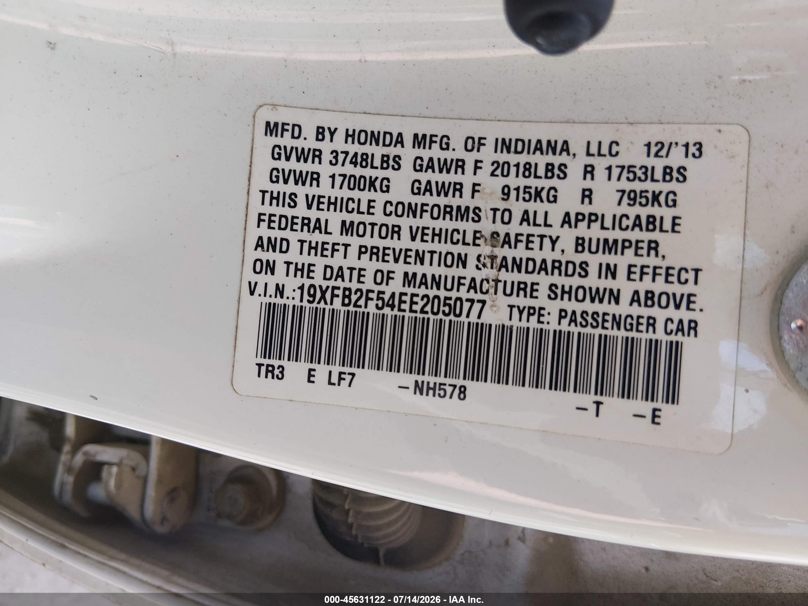 2014 Honda Civic Lx White vin: 19XFB2F54EE205077