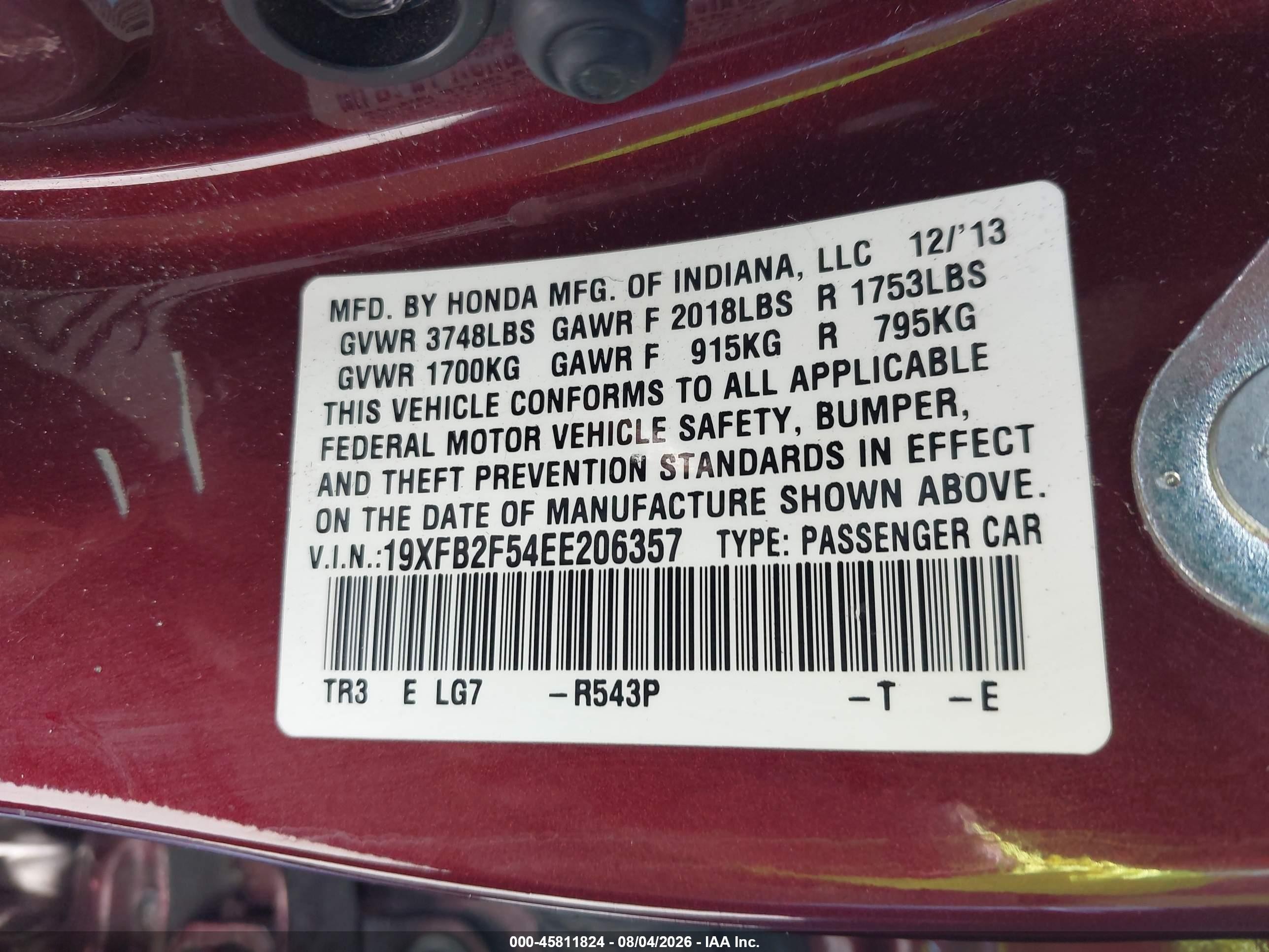 2014 Honda Civic Lx Burgundy vin: 19XFB2F54EE206357