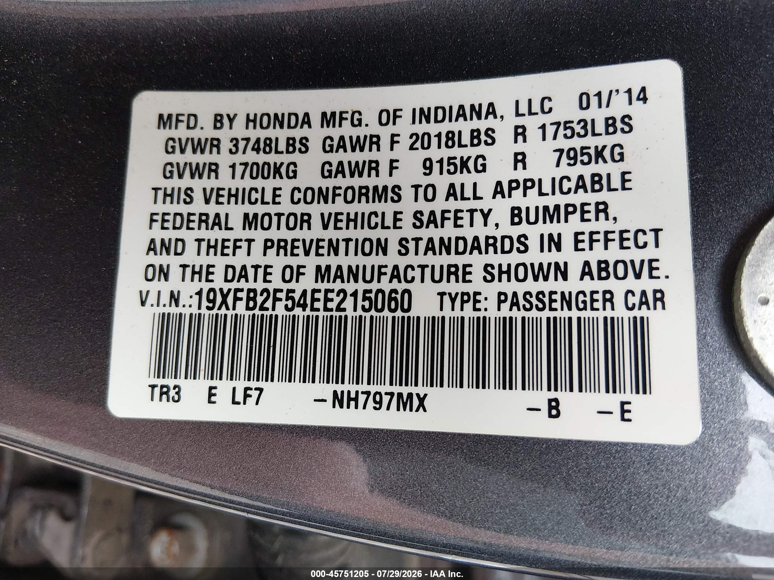 2014 Honda Civic Lx Gray vin: 19XFB2F54EE215060