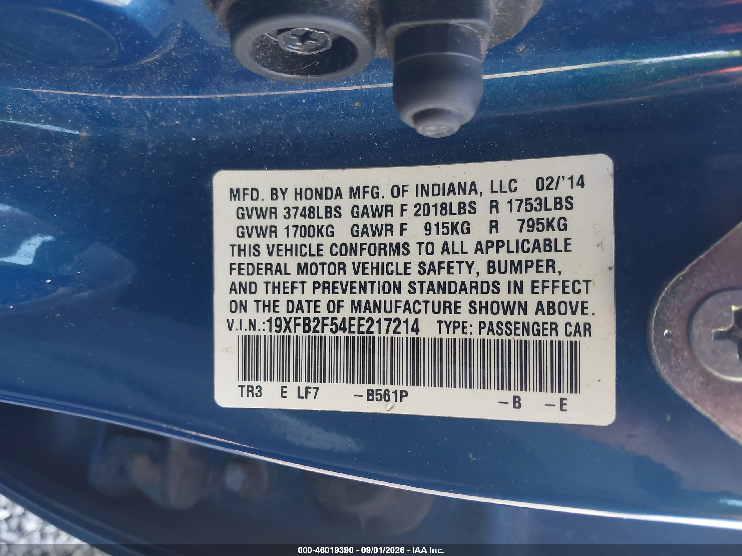 2014 Honda Civic Lx Blue vin: 19XFB2F54EE217214