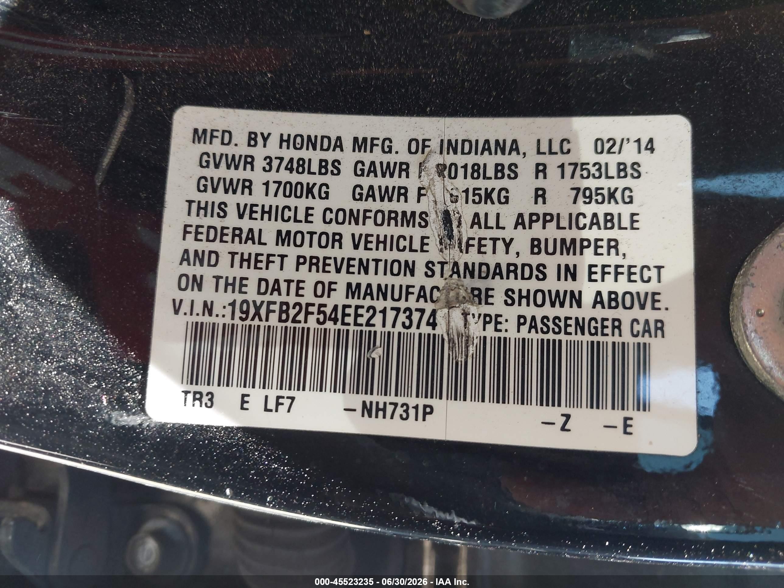2014 Honda Civic Lx Black vin: 19XFB2F54EE217374